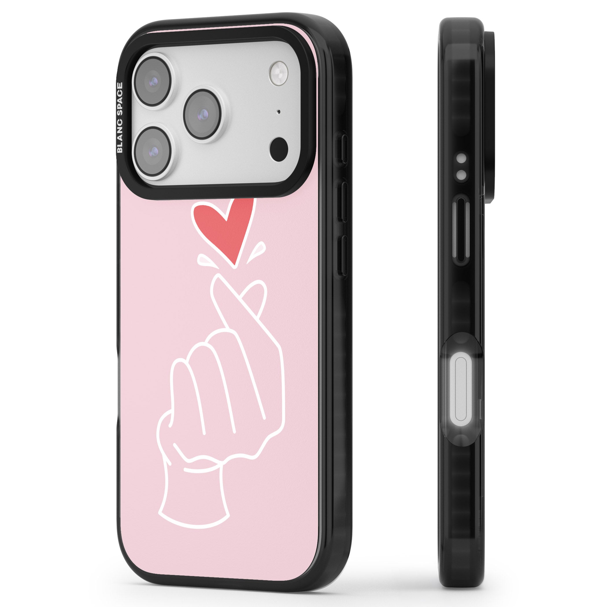 Pink Heart Hand iPhone 17 Pro Impact Pro Black Phone Case Side Profile