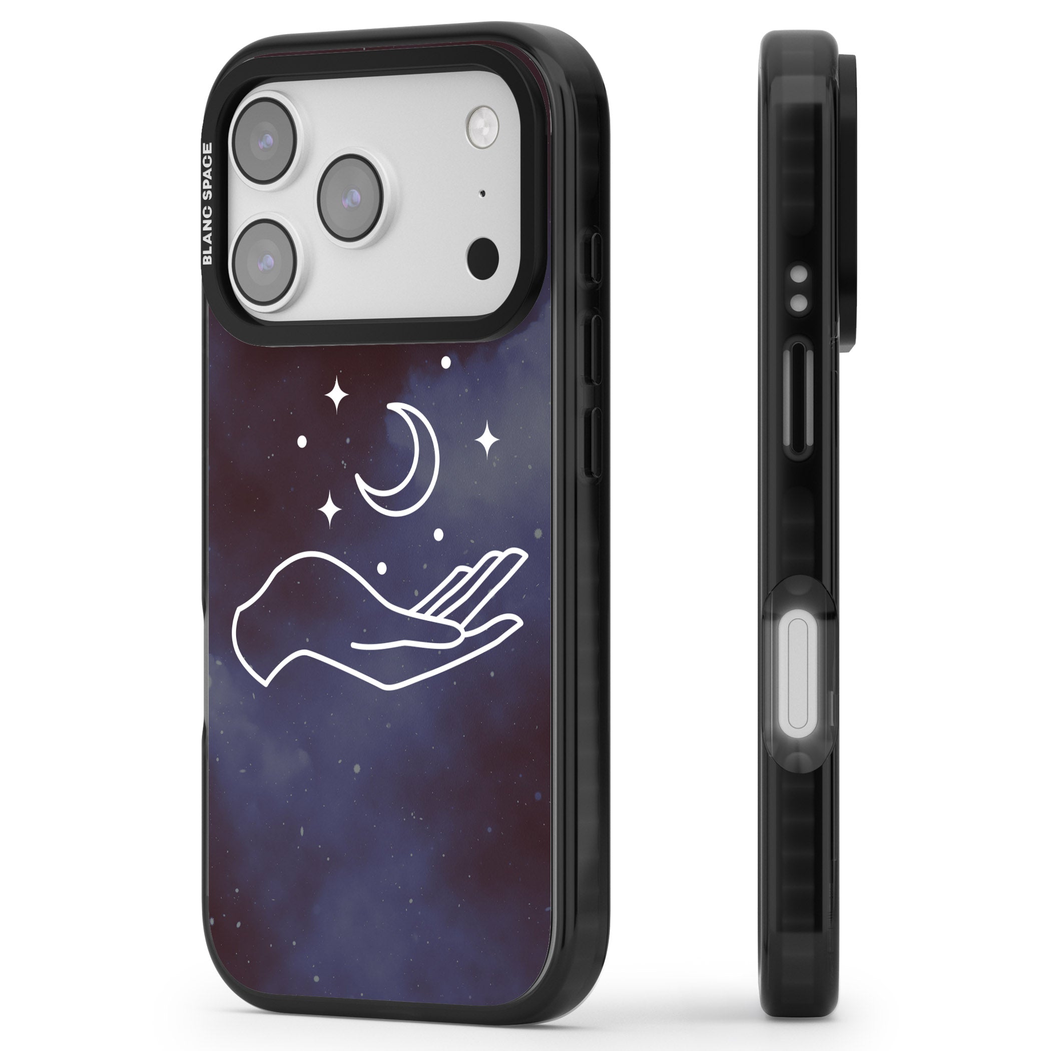 Celestial Hand & Moon iPhone 17 Pro Impact Pro Black Phone Case Side Profile