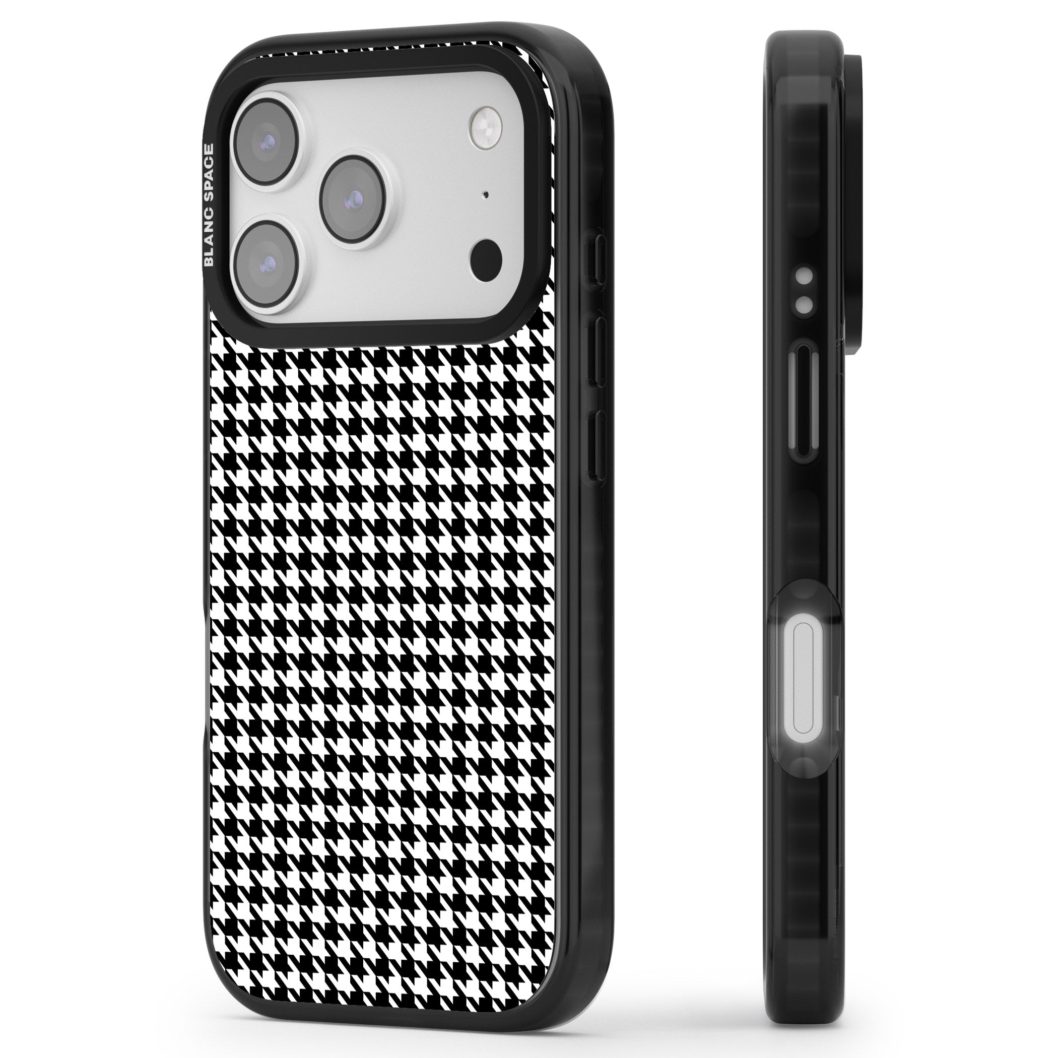 Black Houndstooth Pattern iPhone 17 Pro Impact Pro Black Phone Case Side Profile