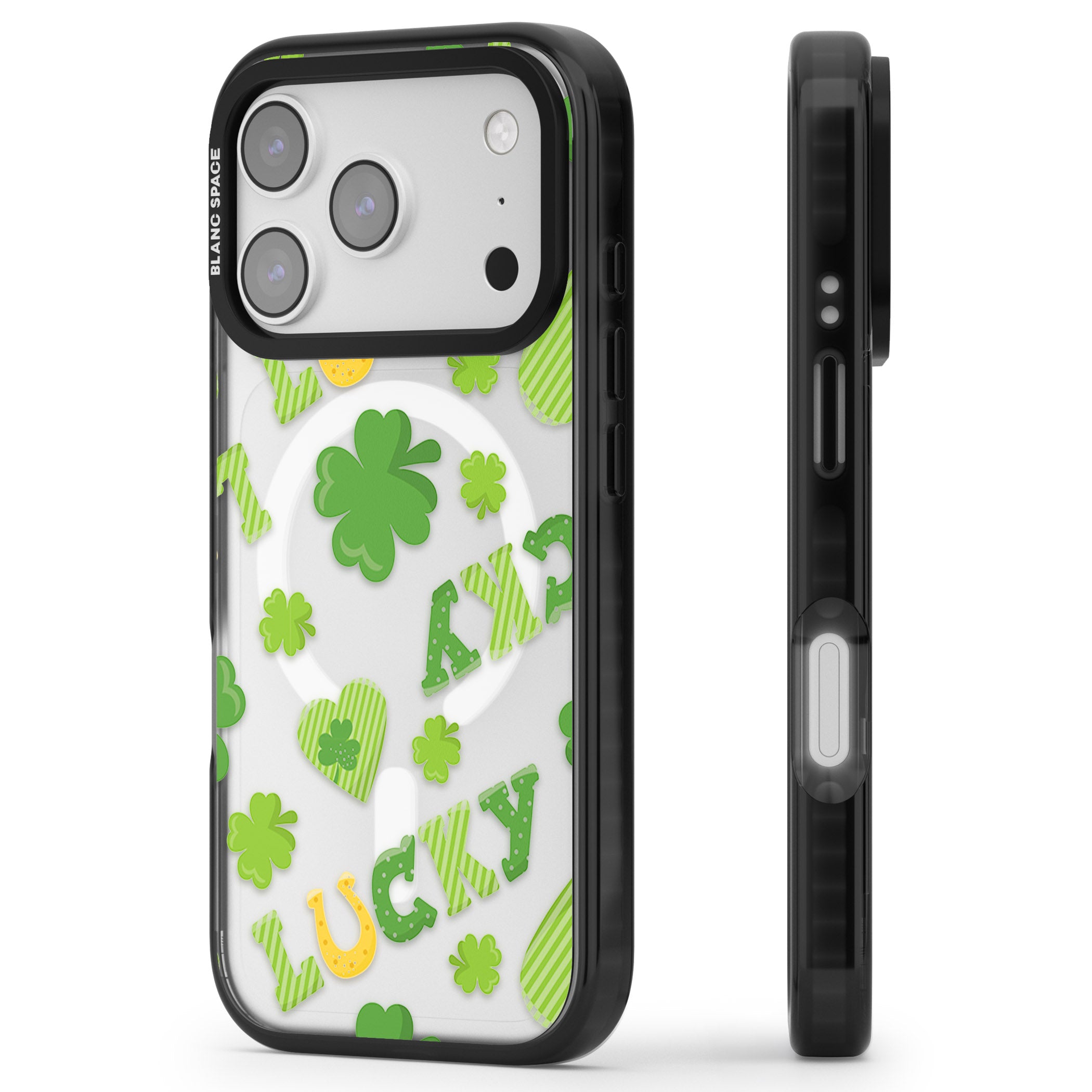 Lucky Irish Clover iPhone 17 Pro Impact Pro Black Phone Case Side Profile