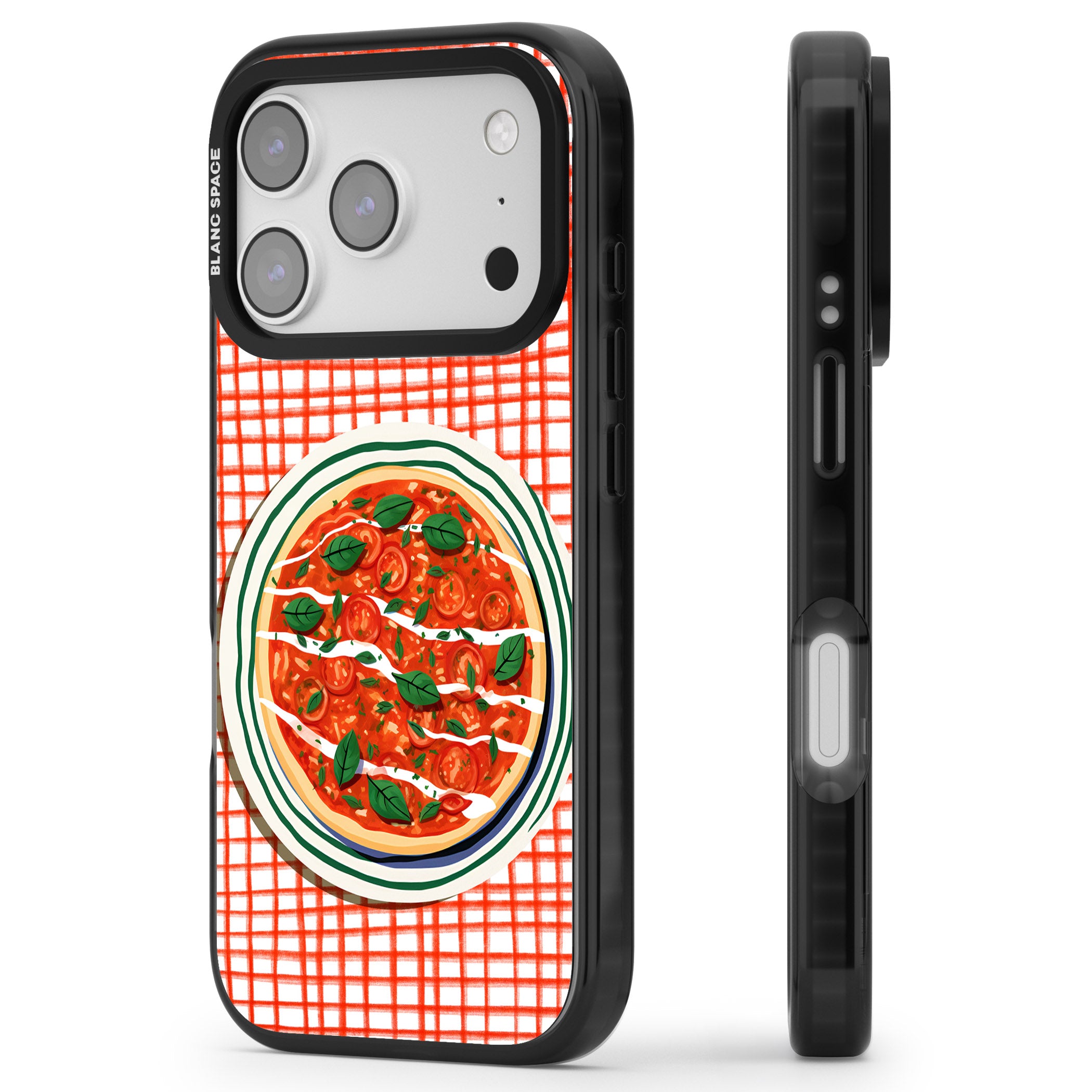 Margherita On Red Check iPhone 17 Pro Max Impact Pro Black Phone Case Side Profile