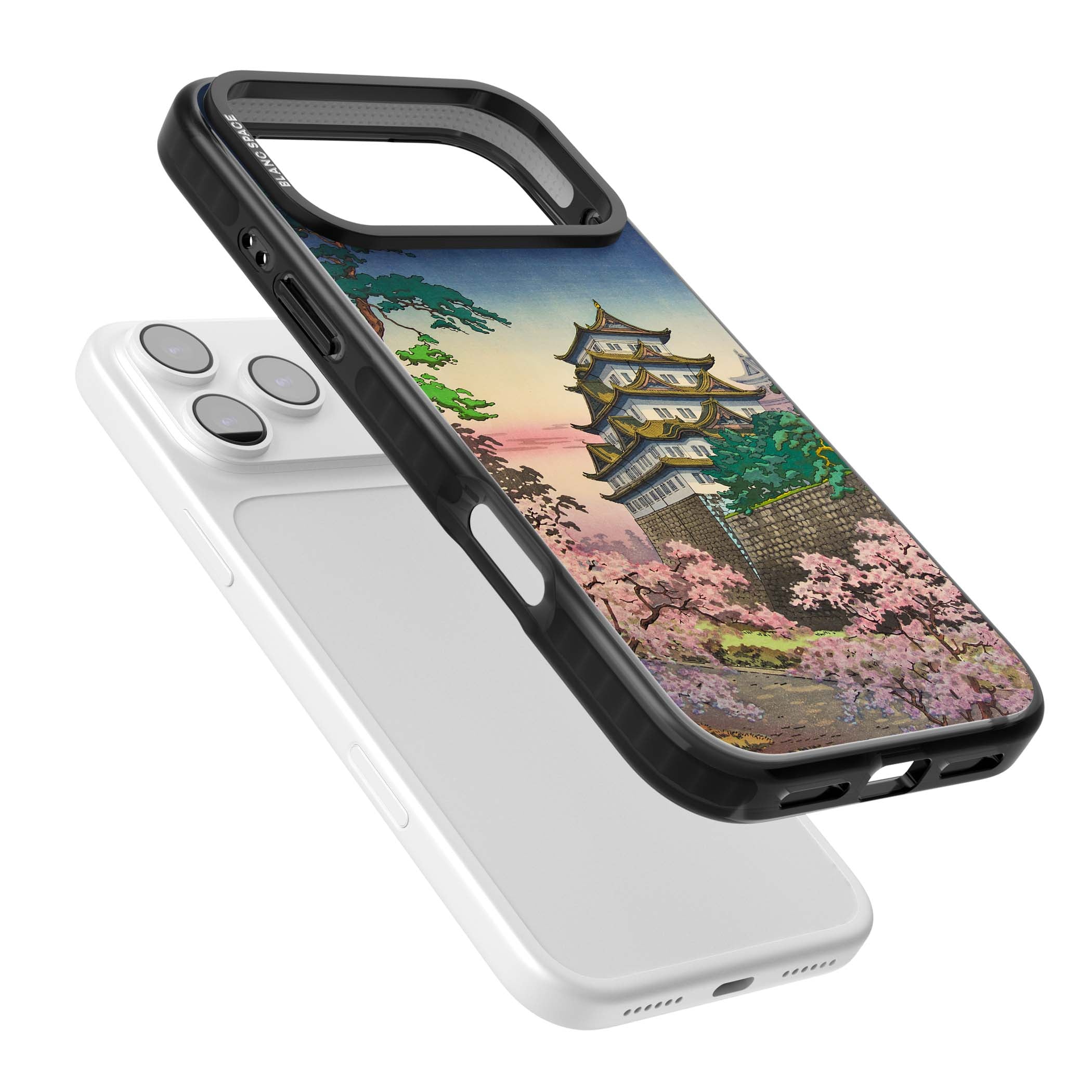 Nagoya Castle Japanese iPhone case featuring a vintage pagoda, twilight sky and cherry blossom trees | Black Impact Magsafe case for iPhone 17 Pro, iPhone 17 Pro Max