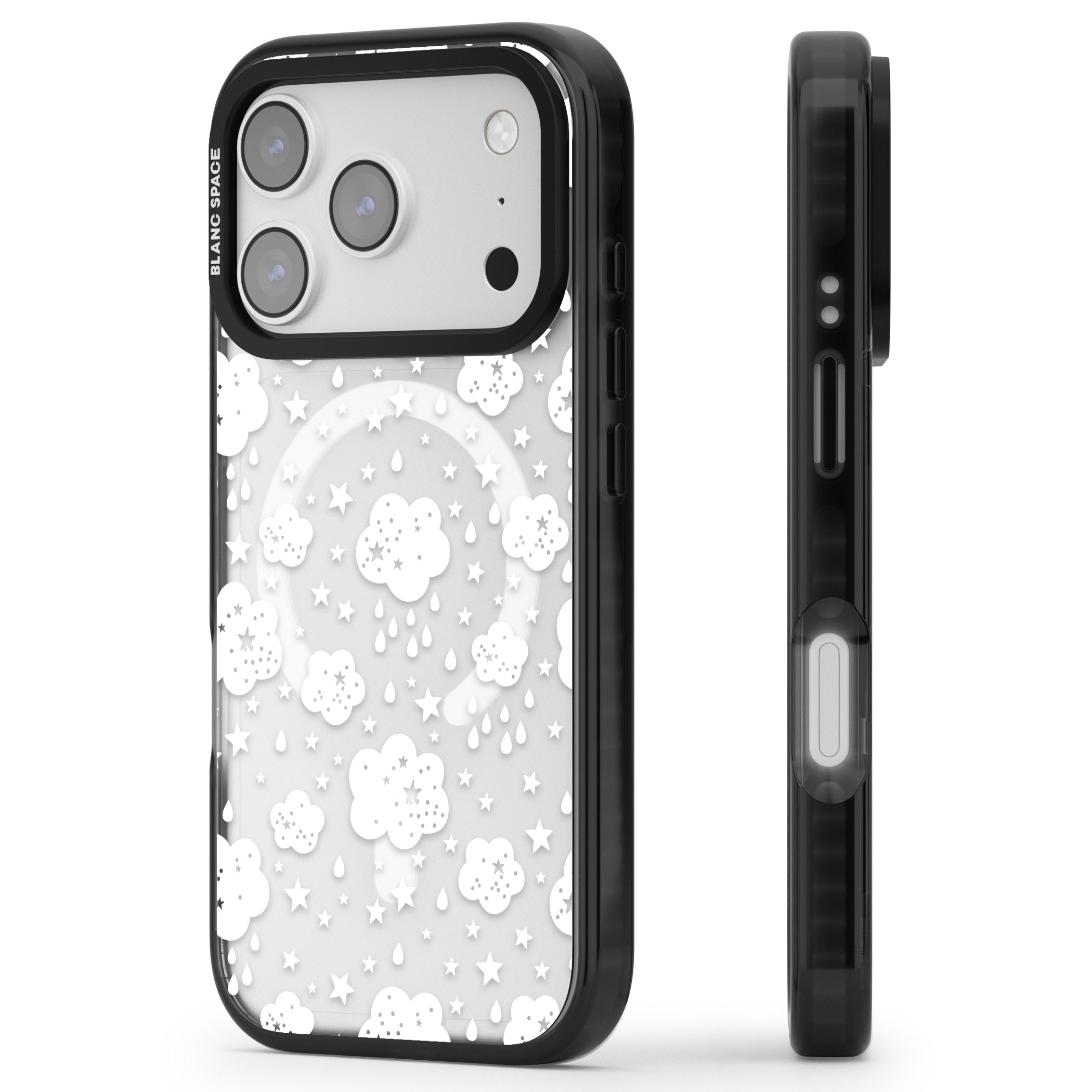 Starry Rain Clouds iPhone 17 Pro Impact Pro Black Phone Case Side Profile