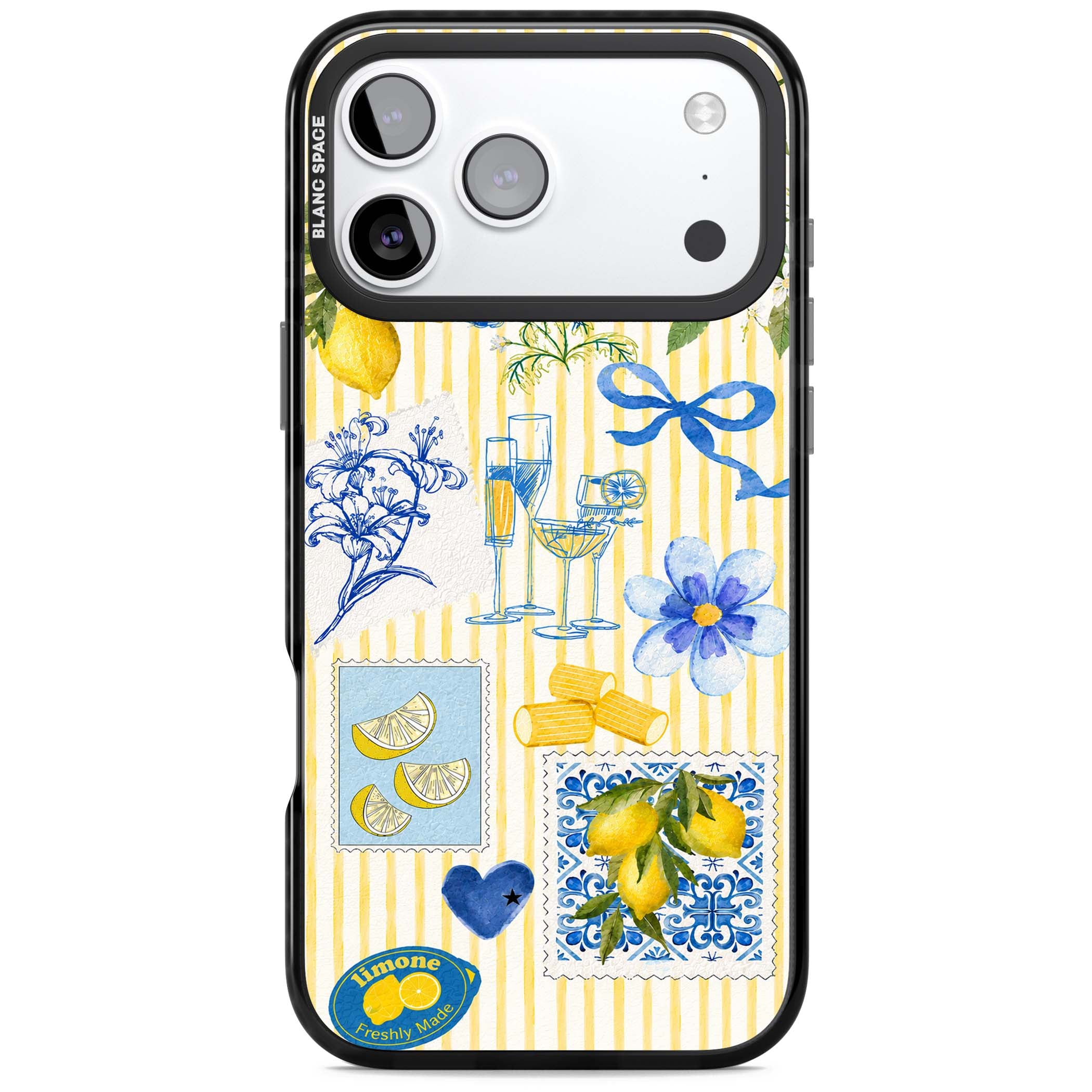 Limone Riviera Italian summer iPhone case featuring watercolour lemons, blue ribbon bows and majolica tile stamps on... | Black Impact Magsafe case for iPhone 17 Pro, iPhone 17 Pro Max