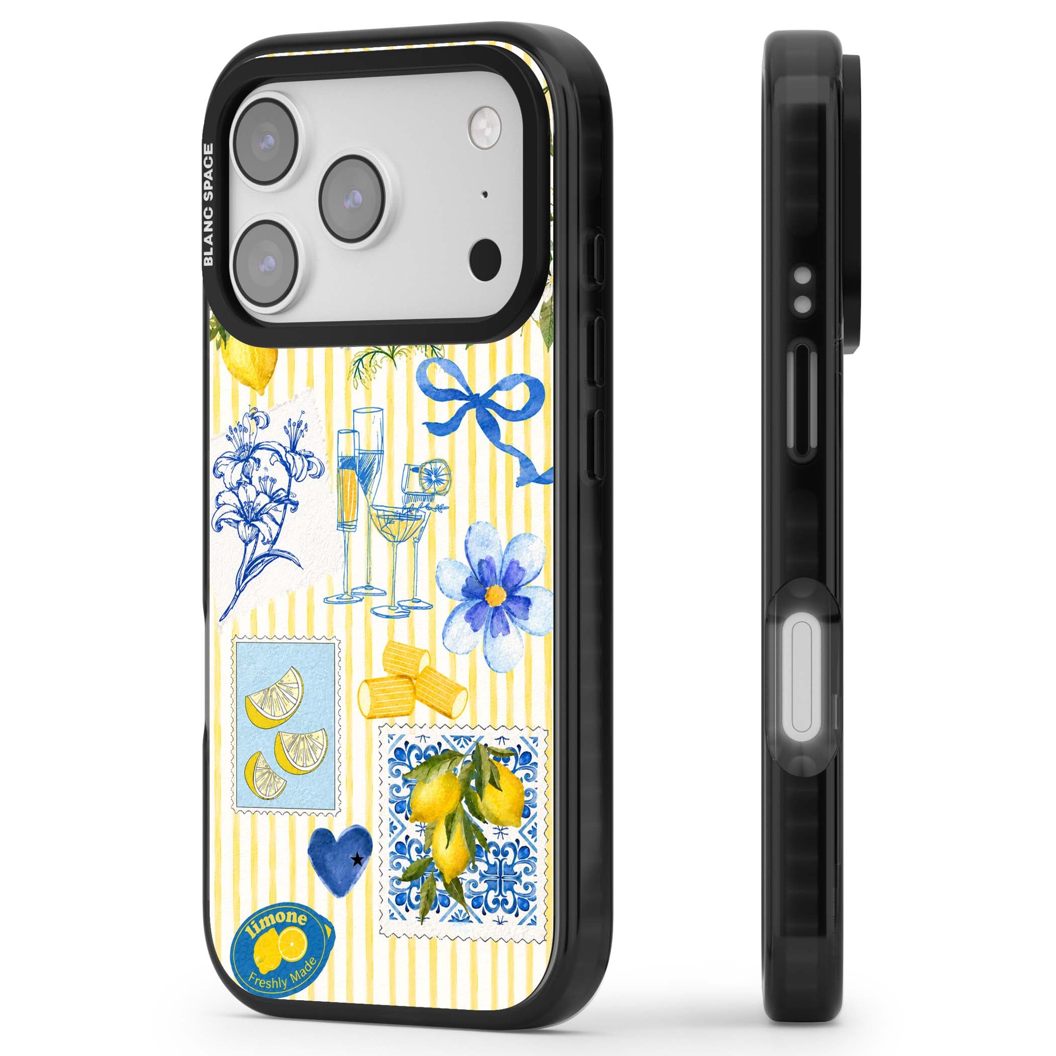 Limone Riviera Italian summer iPhone case featuring watercolour lemons, blue ribbon bows and majolica tile stamps on... | Black Impact Magsafe case for iPhone 17 Pro, iPhone 17 Pro Max