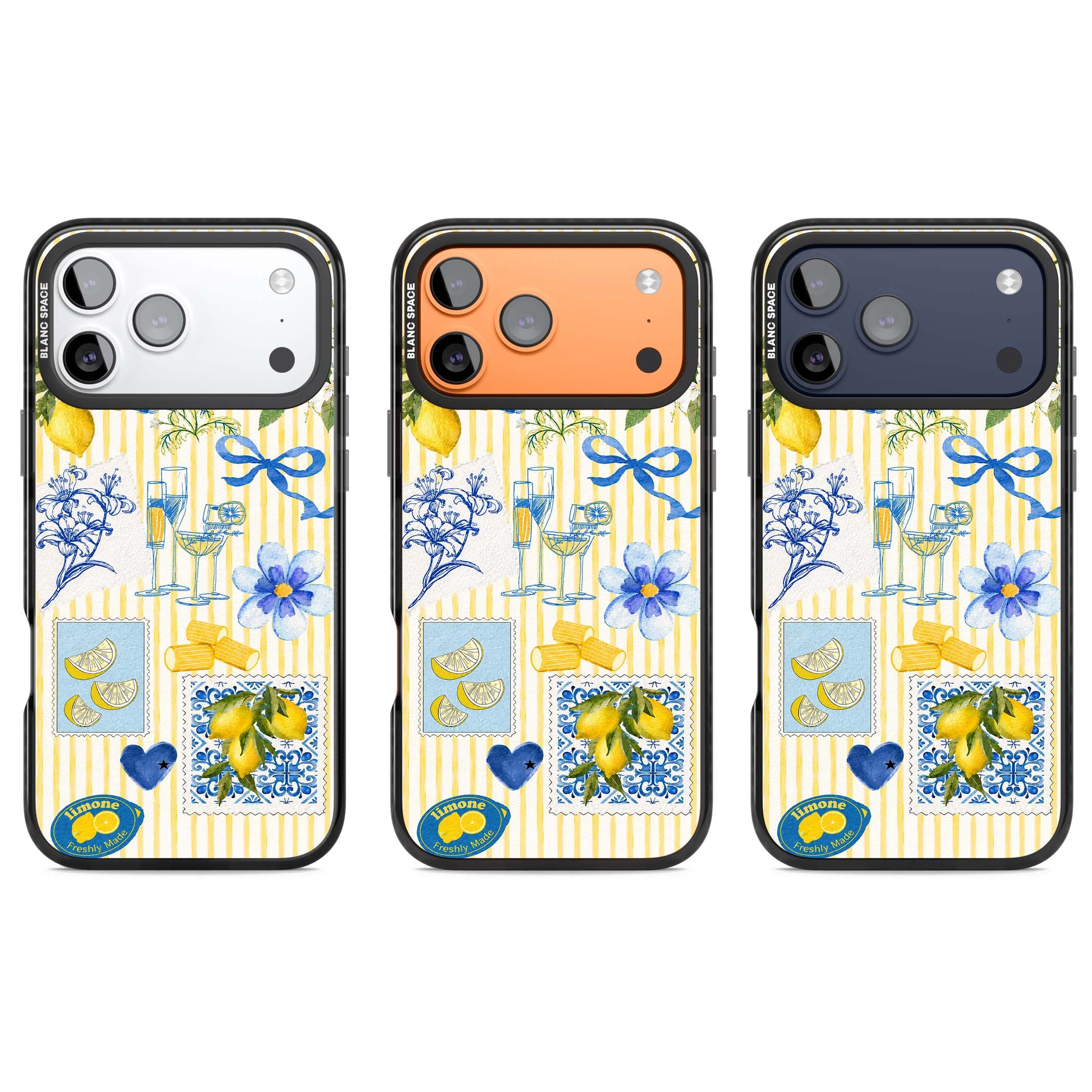 Limone Riviera Italian summer iPhone case featuring watercolour lemons, blue ribbon bows and majolica tile stamps on... | Black Impact Magsafe case for iPhone 17 Pro, iPhone 17 Pro Max