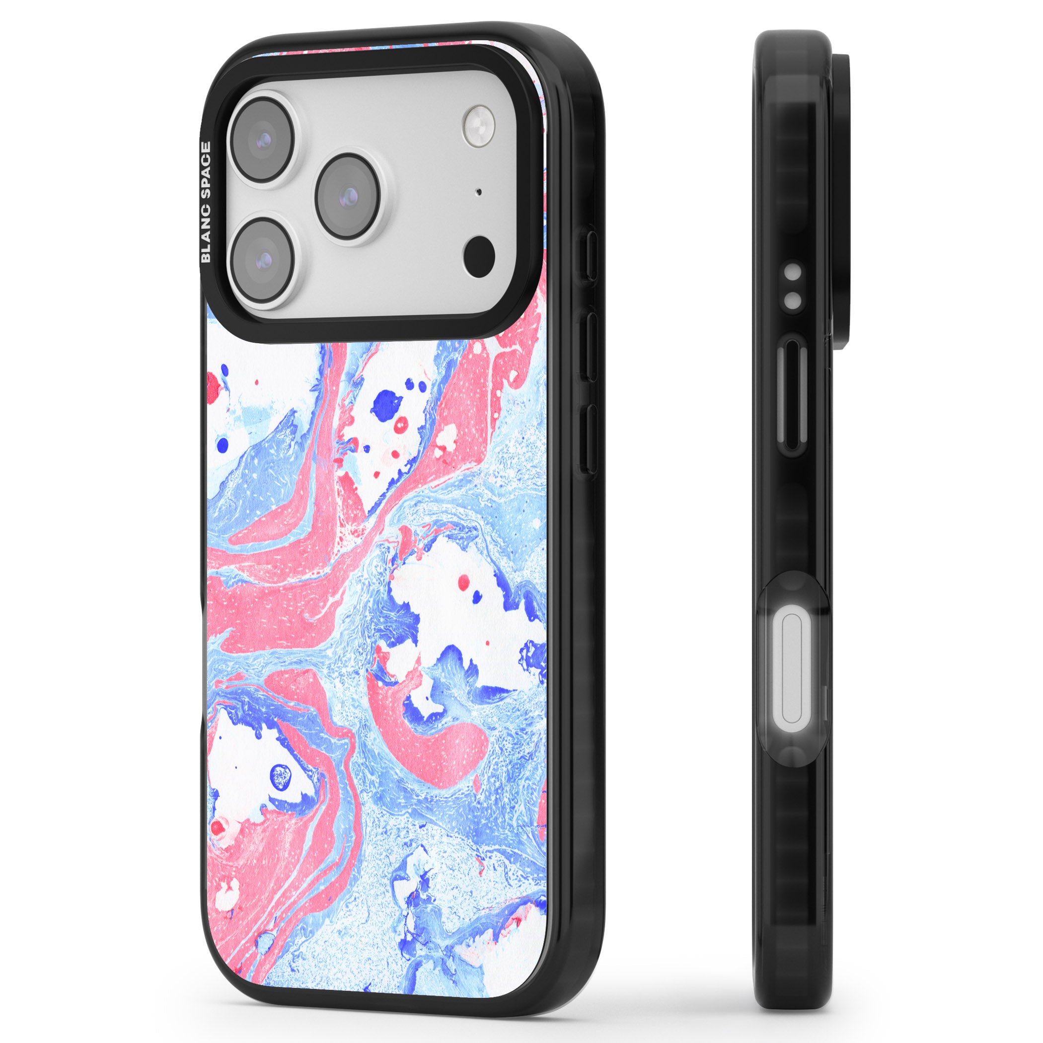 Pink, Blue & White Marbled Paper Pattern iPhone 17 Pro Impact Pro Black Phone Case Side Profile