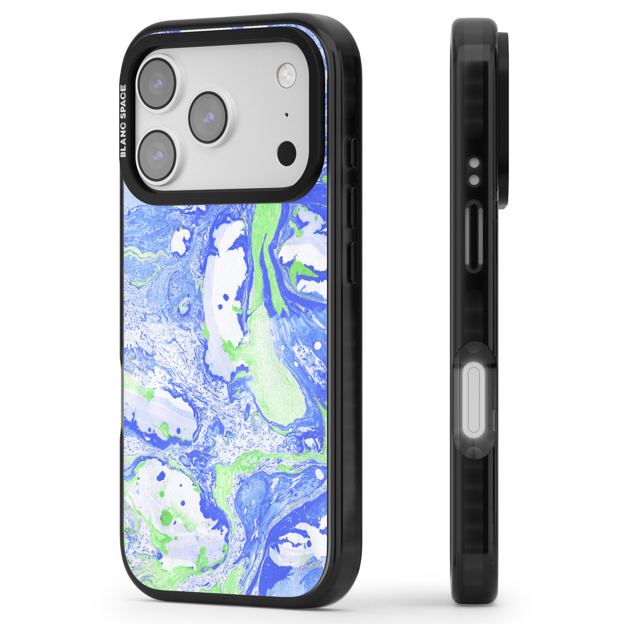 Dark Blue & Green Marbled Paper Pattern iPhone 17 Pro Max Impact Pro Black Phone Case Side Profile
