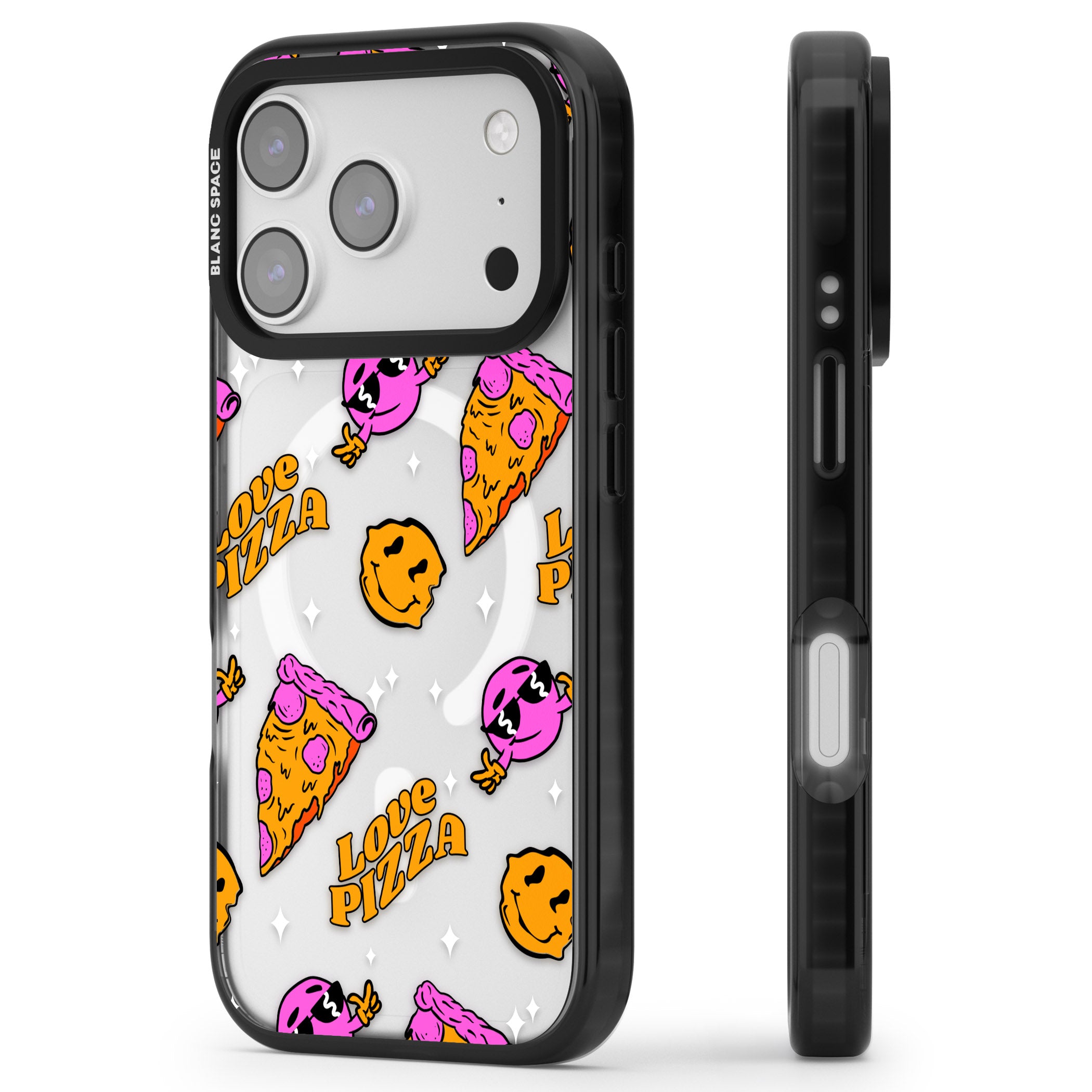 Psychedelic Love Pizza Pattern (Clear) iPhone 17 Pro Impact Pro Black Phone Case Side Profile