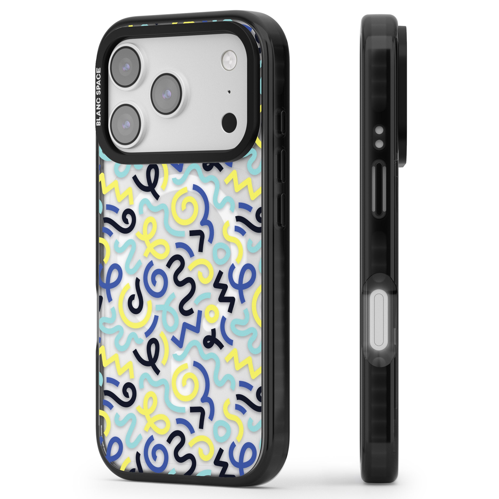Blue & Yellow Memphis Retro iPhone 17 Pro Impact Pro Black Phone Case Side Profile