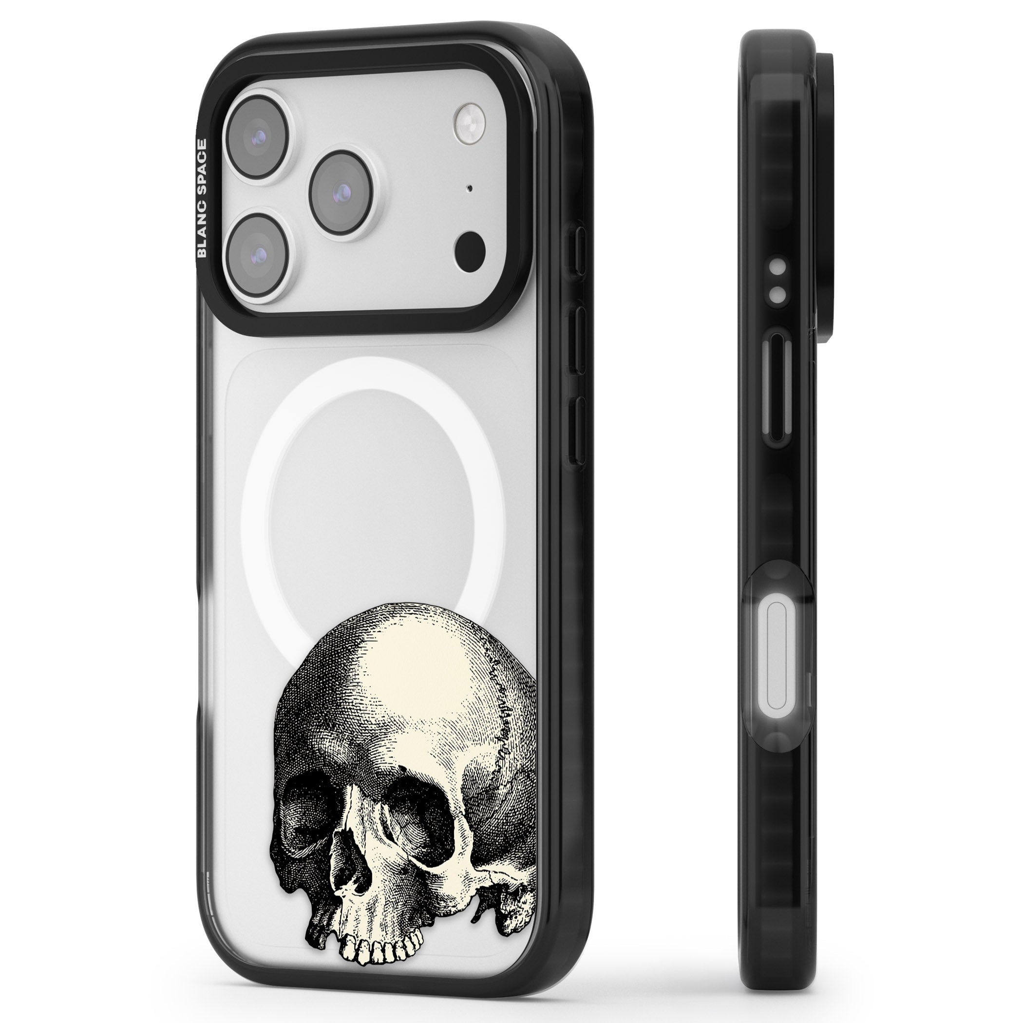 Minimal Vintage Skull iPhone 17 Pro Impact Pro Black Phone Case Side Profile