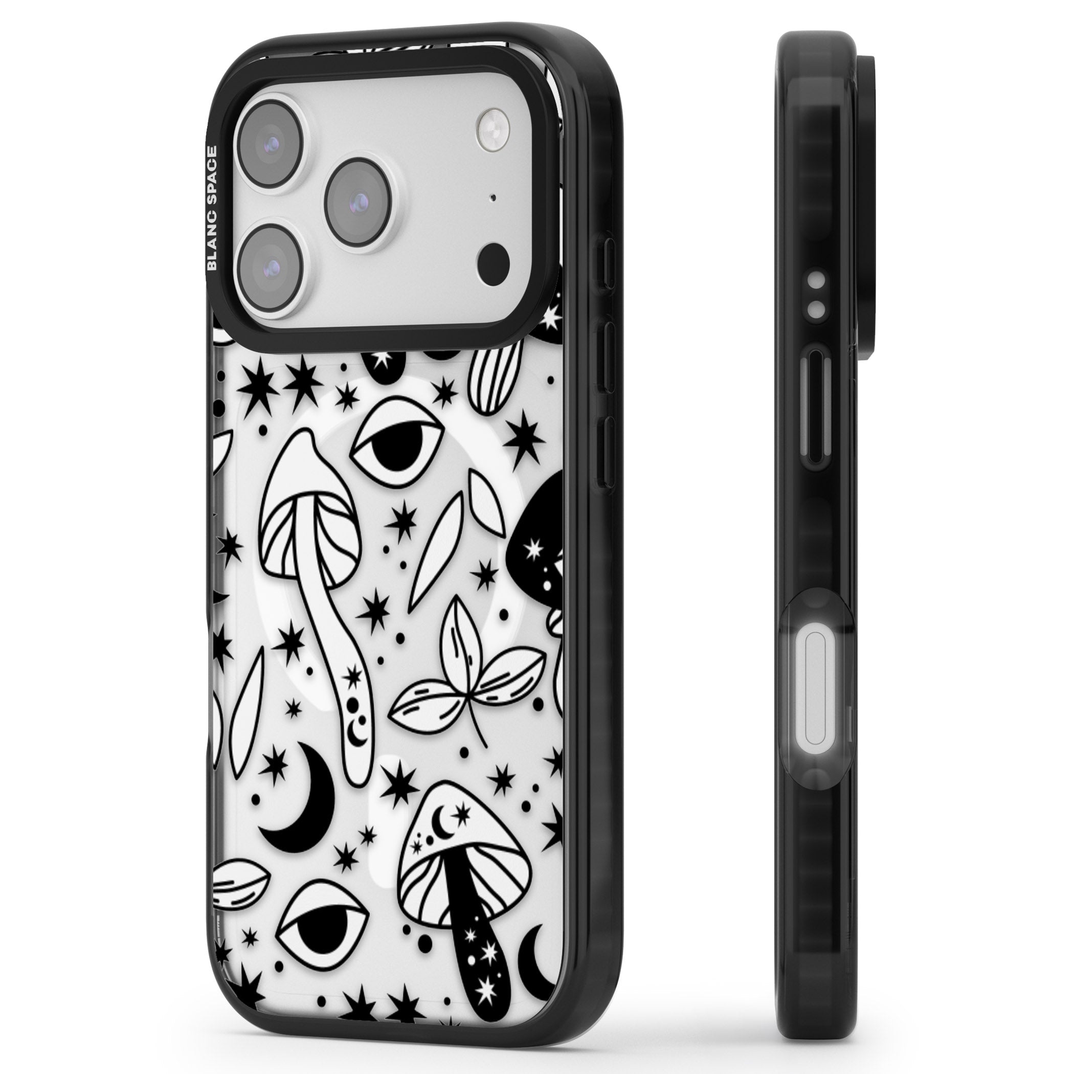 Mystic Mushrooms Pattern iPhone 17 Pro Impact Pro Black Phone Case Side Profile