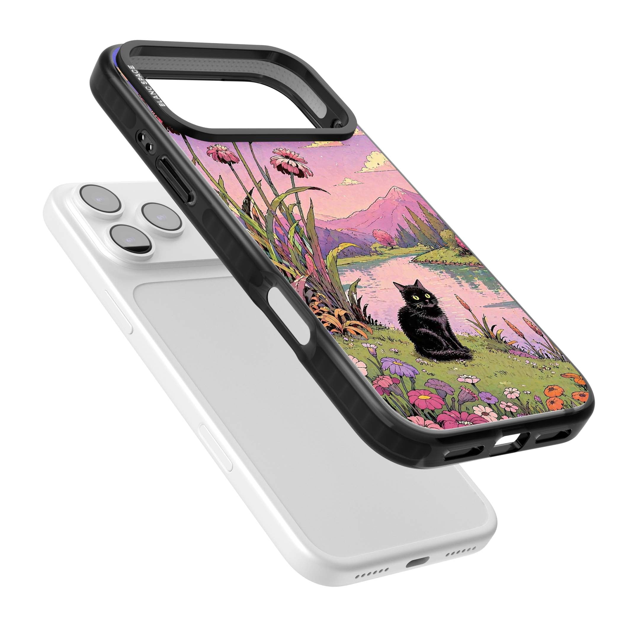 Mystic Whiskers ghibli iPhone case featuring a black cat by a pastel lake, wildflowers and a starry sunset sky | Black Impact Magsafe case for iPhone 17 Pro, iPhone 17 Pro Max