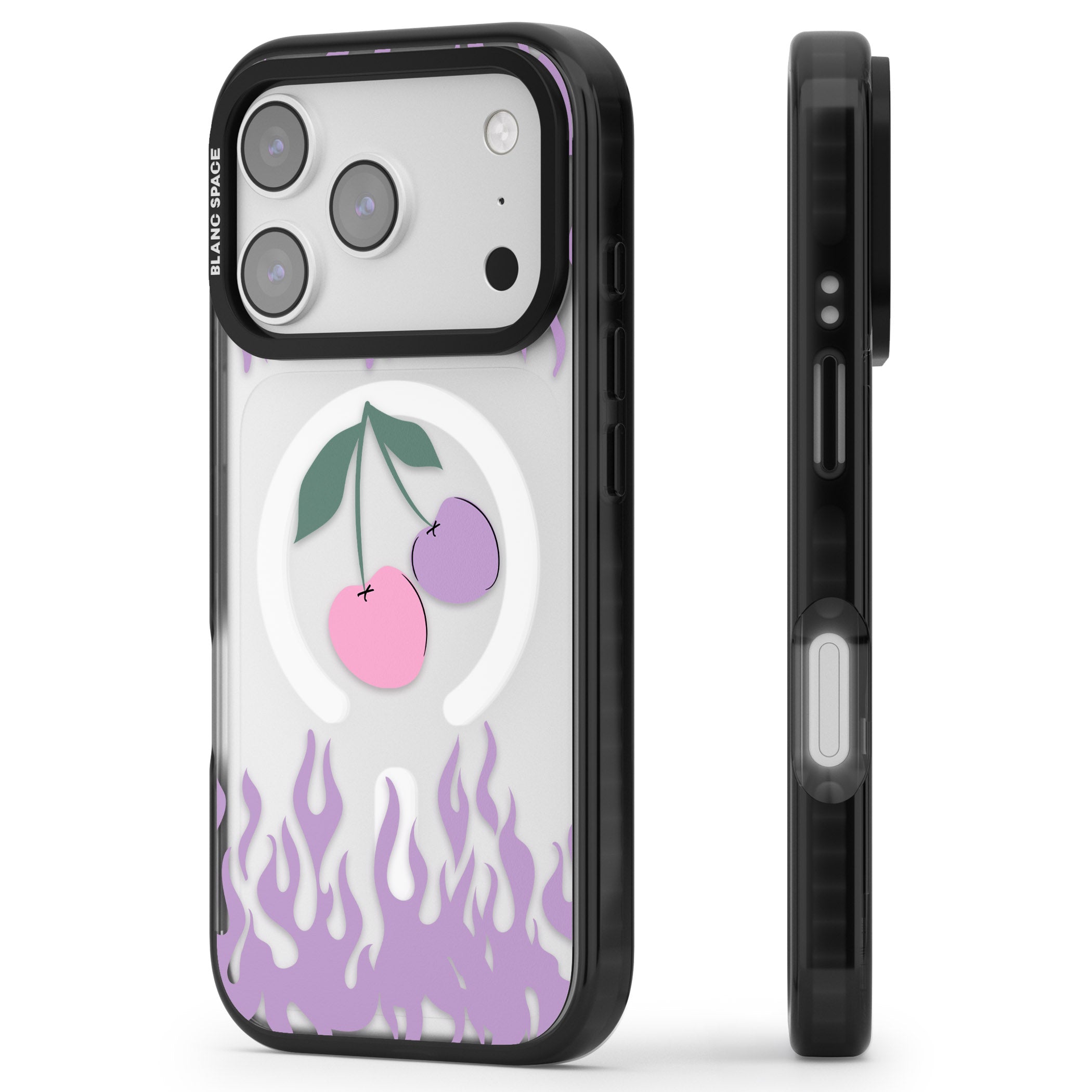 Cherries N' Flames iPhone 17 Pro Impact Pro Black Phone Case Side Profile