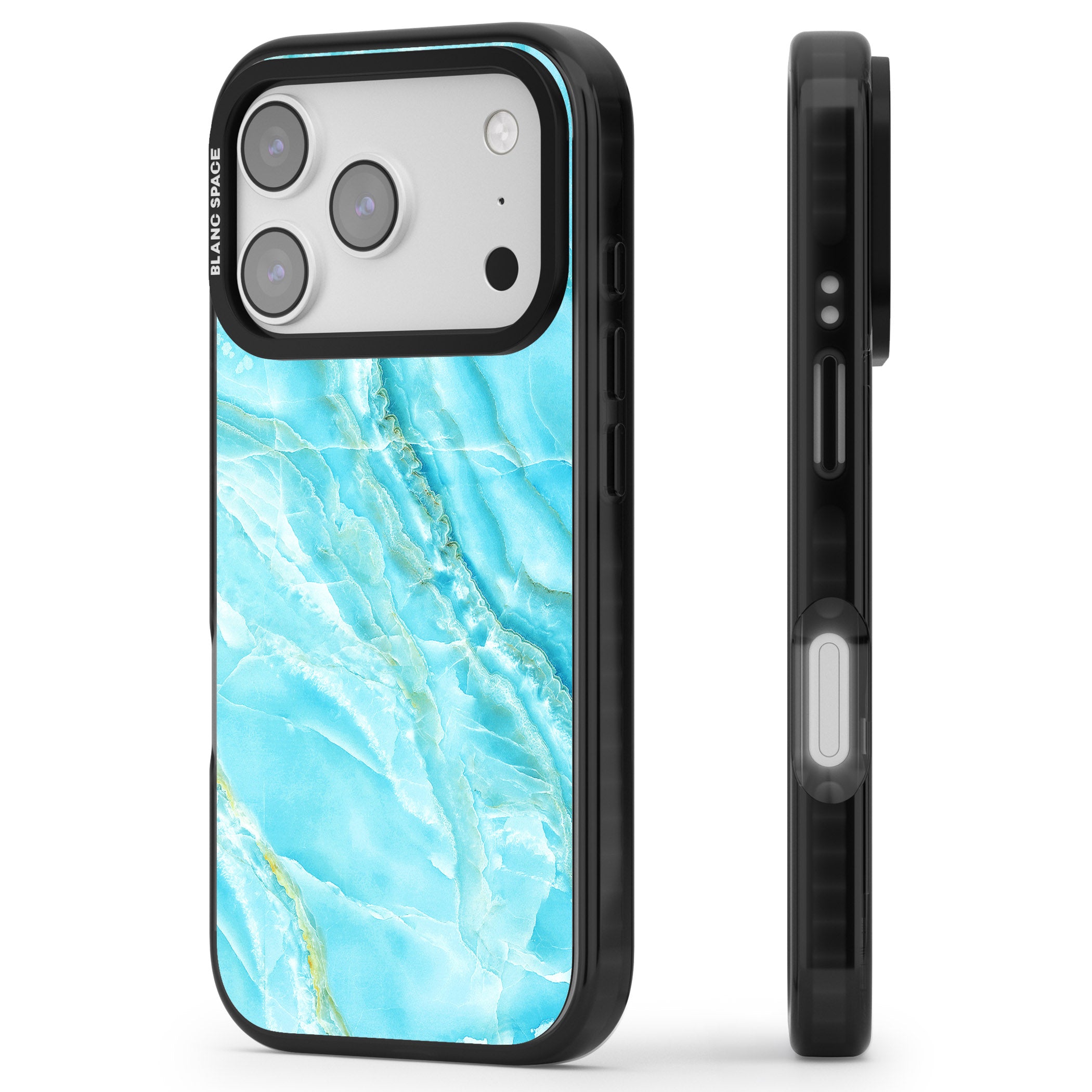 Blue Onyx Marble iPhone 17 Pro Impact Pro Black Phone Case Side Profile