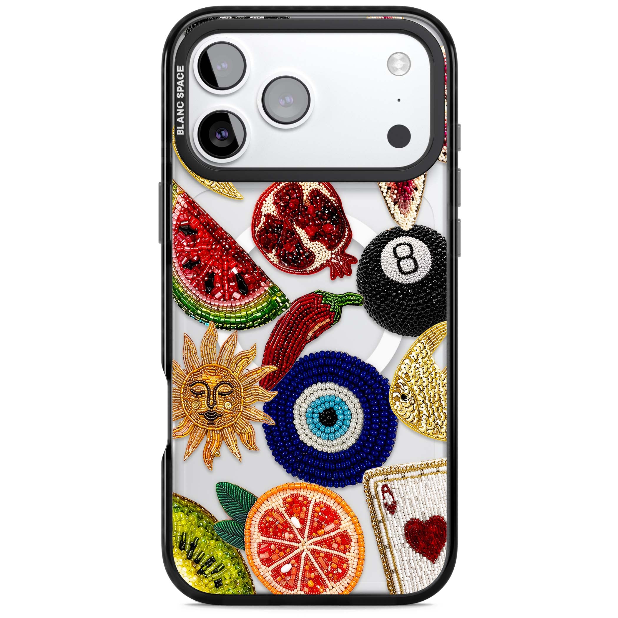 Beaded Charms embroidery iPhone case featuring beaded evil eye, fruit patches and a golden sun motif | Black Impact Magsafe case for iPhone 17 Pro, iPhone 17 Pro Max