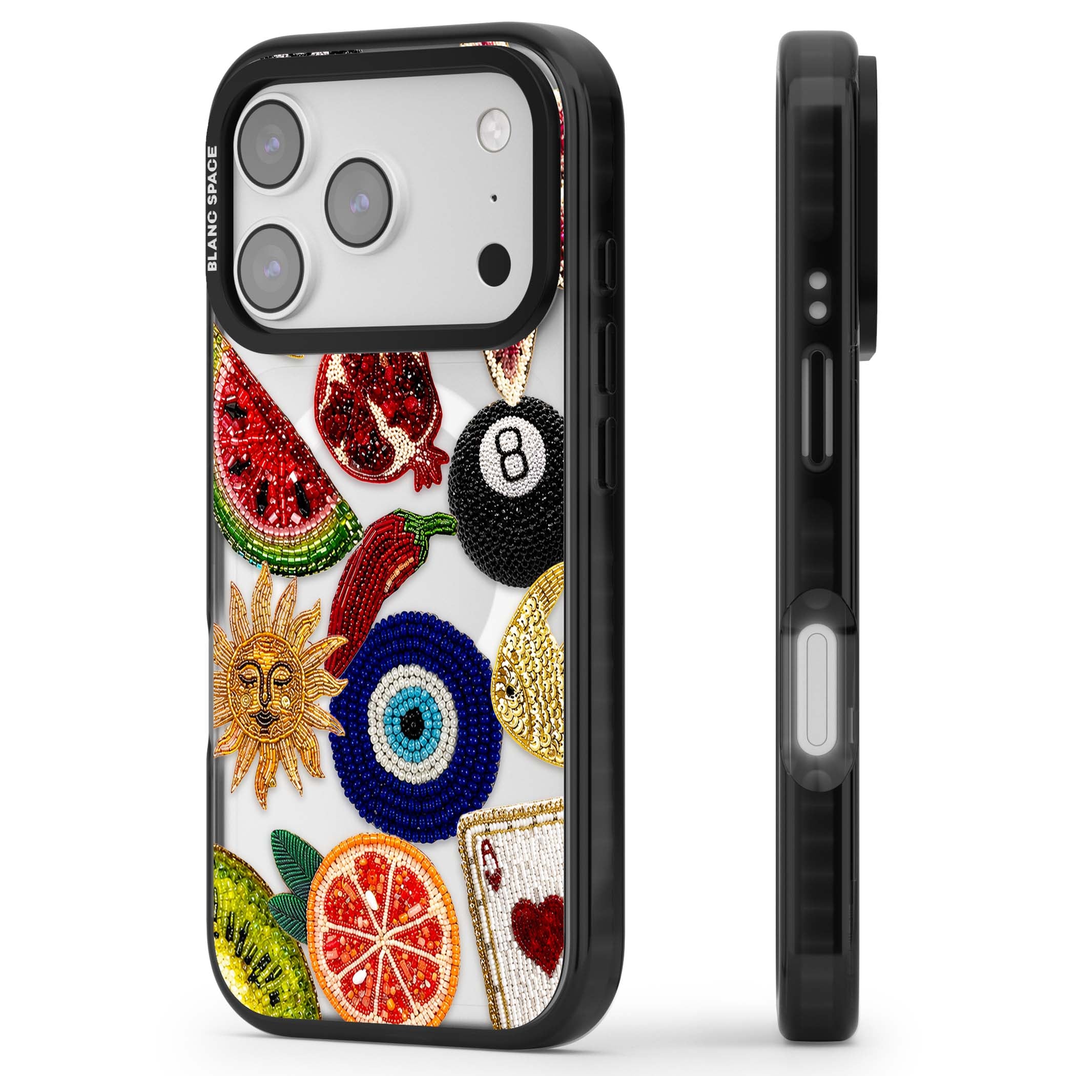 Beaded Charms embroidery iPhone case featuring beaded evil eye, fruit patches and a golden sun motif | Black Impact Magsafe case for iPhone 17 Pro, iPhone 17 Pro Max
