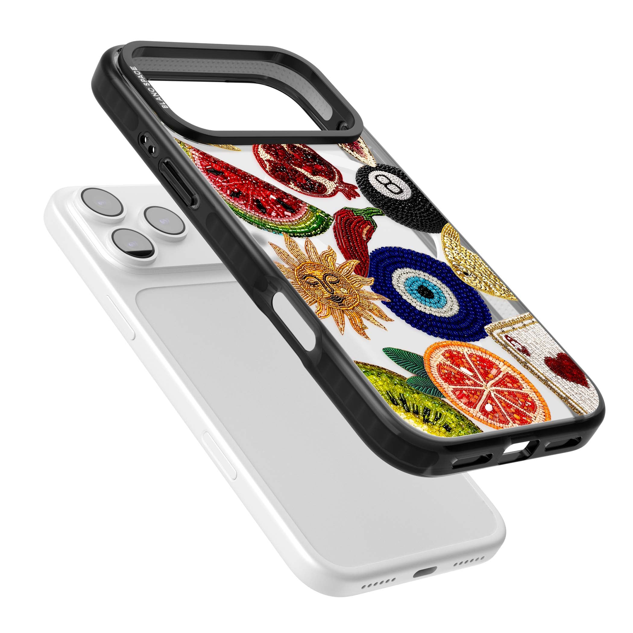 Beaded Charms embroidery iPhone case featuring beaded evil eye, fruit patches and a golden sun motif | Black Impact Magsafe case for iPhone 17 Pro, iPhone 17 Pro Max
