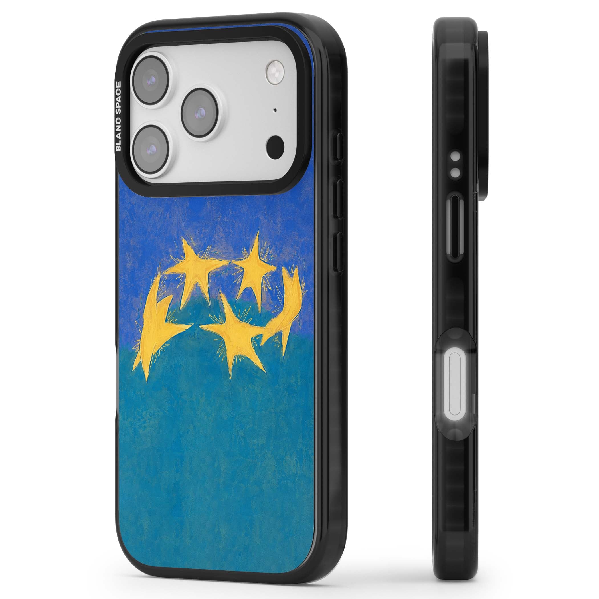 Star Boogie stars aesthetic iPhone case featuring five yellow hand-painted stars on cobalt blue and teal | Black Impact Magsafe case for iPhone 17 Pro, iPhone 17 Pro Max