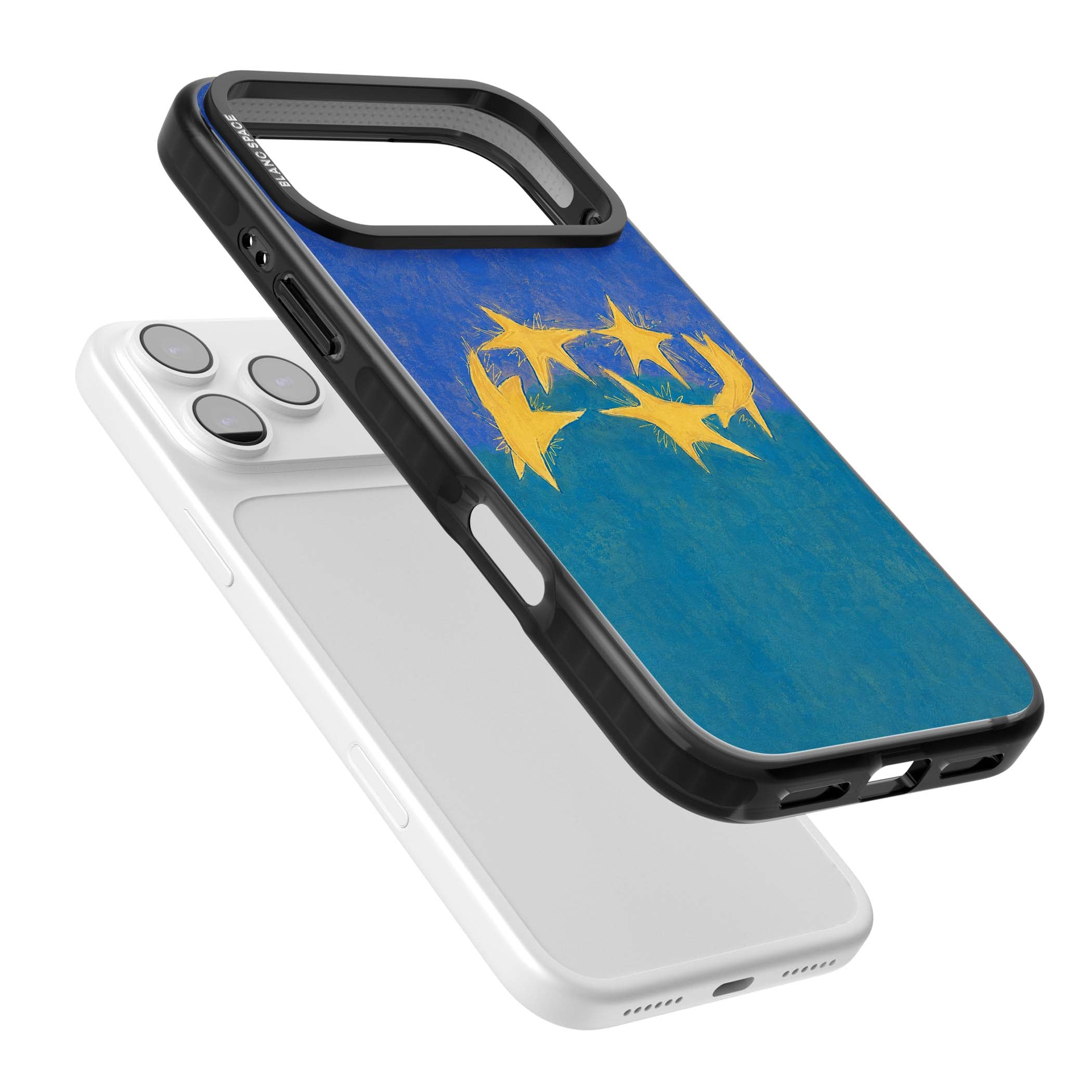 Star Boogie stars aesthetic iPhone case featuring five yellow hand-painted stars on cobalt blue and teal | Black Impact Magsafe case for iPhone 17 Pro, iPhone 17 Pro Max