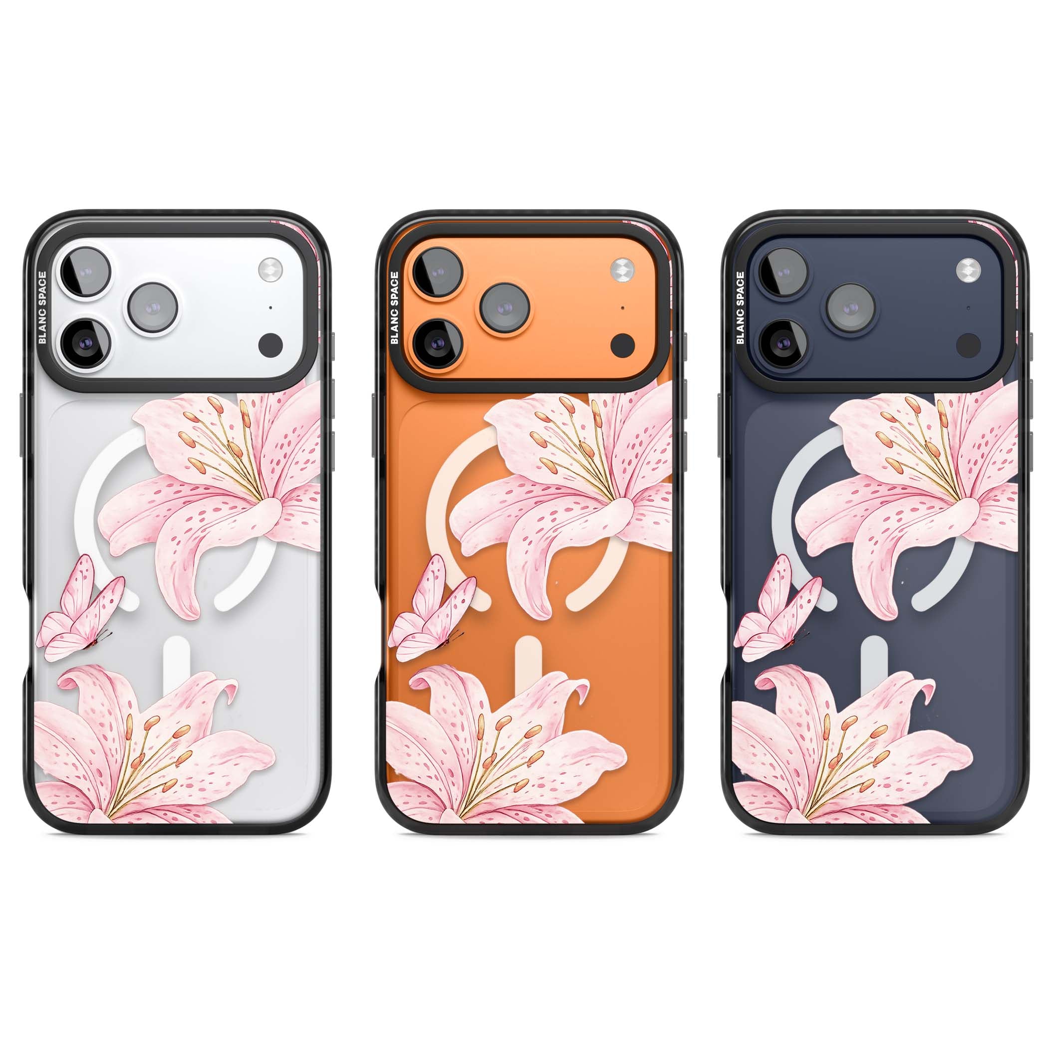 Lily Whisper floral iPhone case featuring pink watercolour lilies and delicate butterflies on a clear background | Black Impact Magsafe case for iPhone 17 Pro, iPhone 17 Pro Max