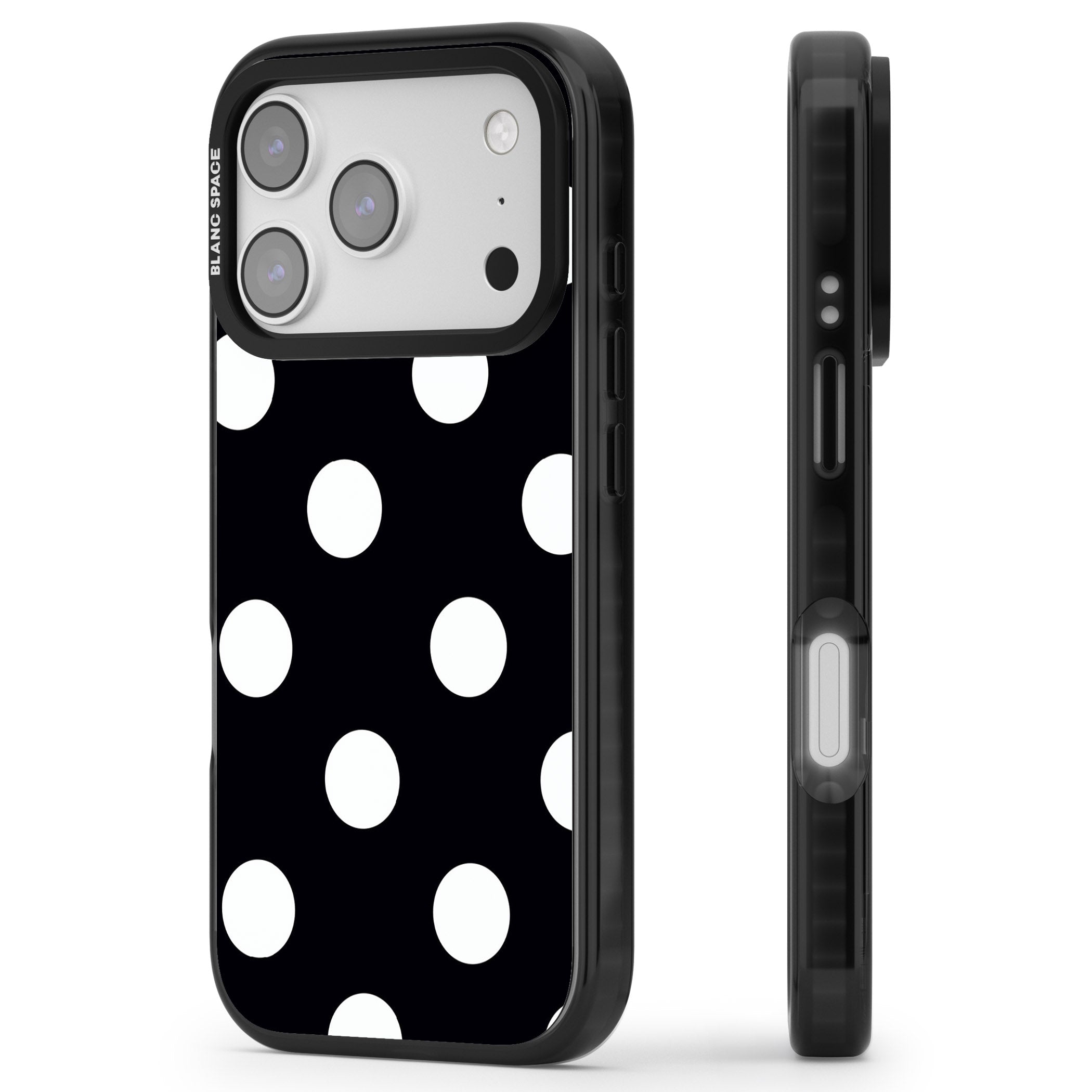 Chic Black Polka Dot iPhone 17 Pro Max Impact Pro Black Phone Case Side Profile
