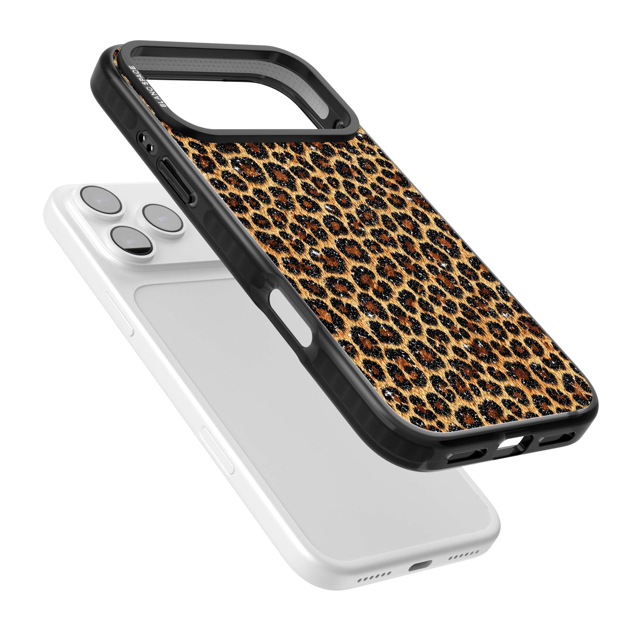 Diamond Leopard leopard print iPhone case featuring golden tan fur, black rosette spots and subtle glitter sparkle | Black Impact Magsafe case for iPhone 17 Pro, iPhone 17 Pro Max