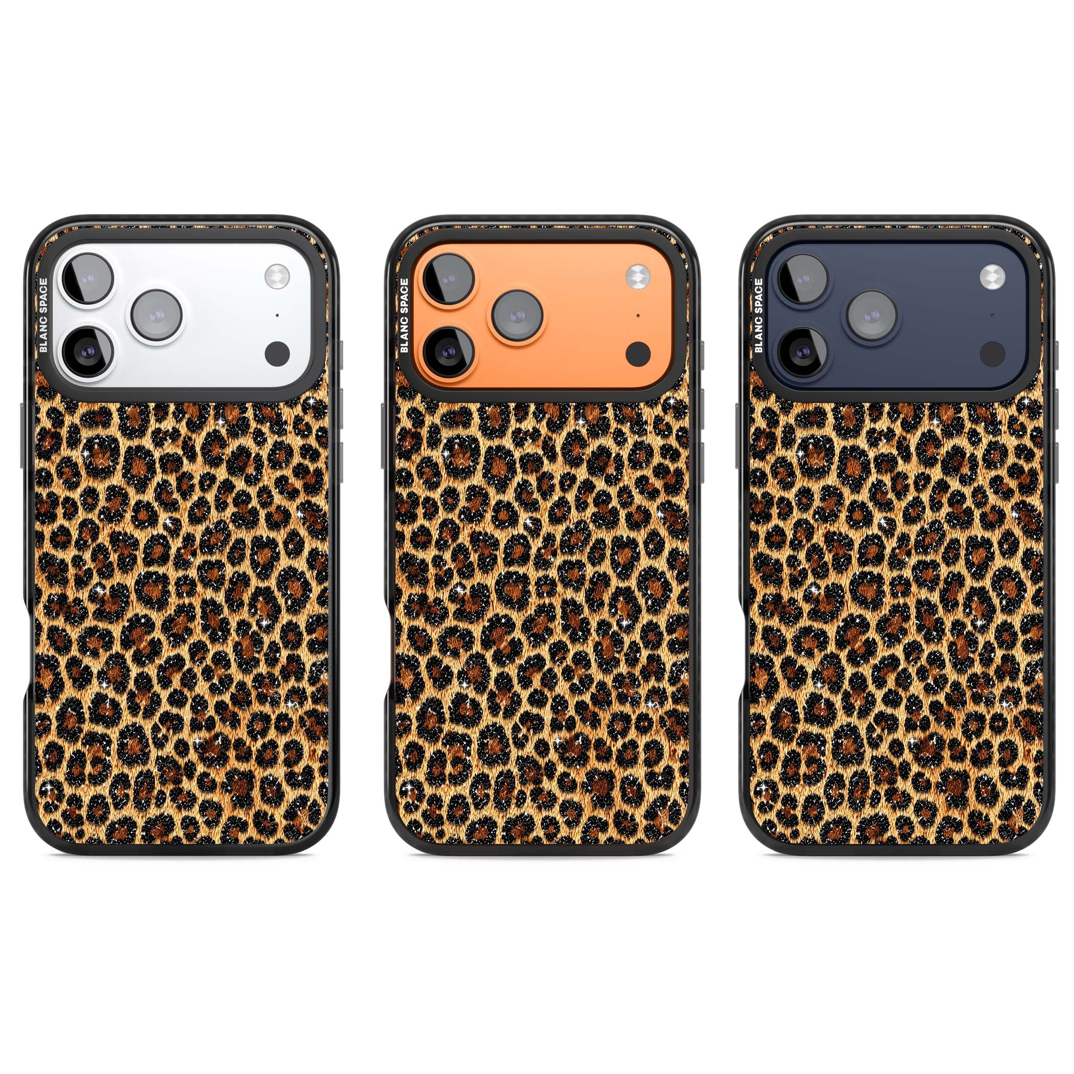 Diamond Leopard leopard print iPhone case featuring golden tan fur, black rosette spots and subtle glitter sparkle | Black Impact Magsafe case for iPhone 17 Pro, iPhone 17 Pro Max