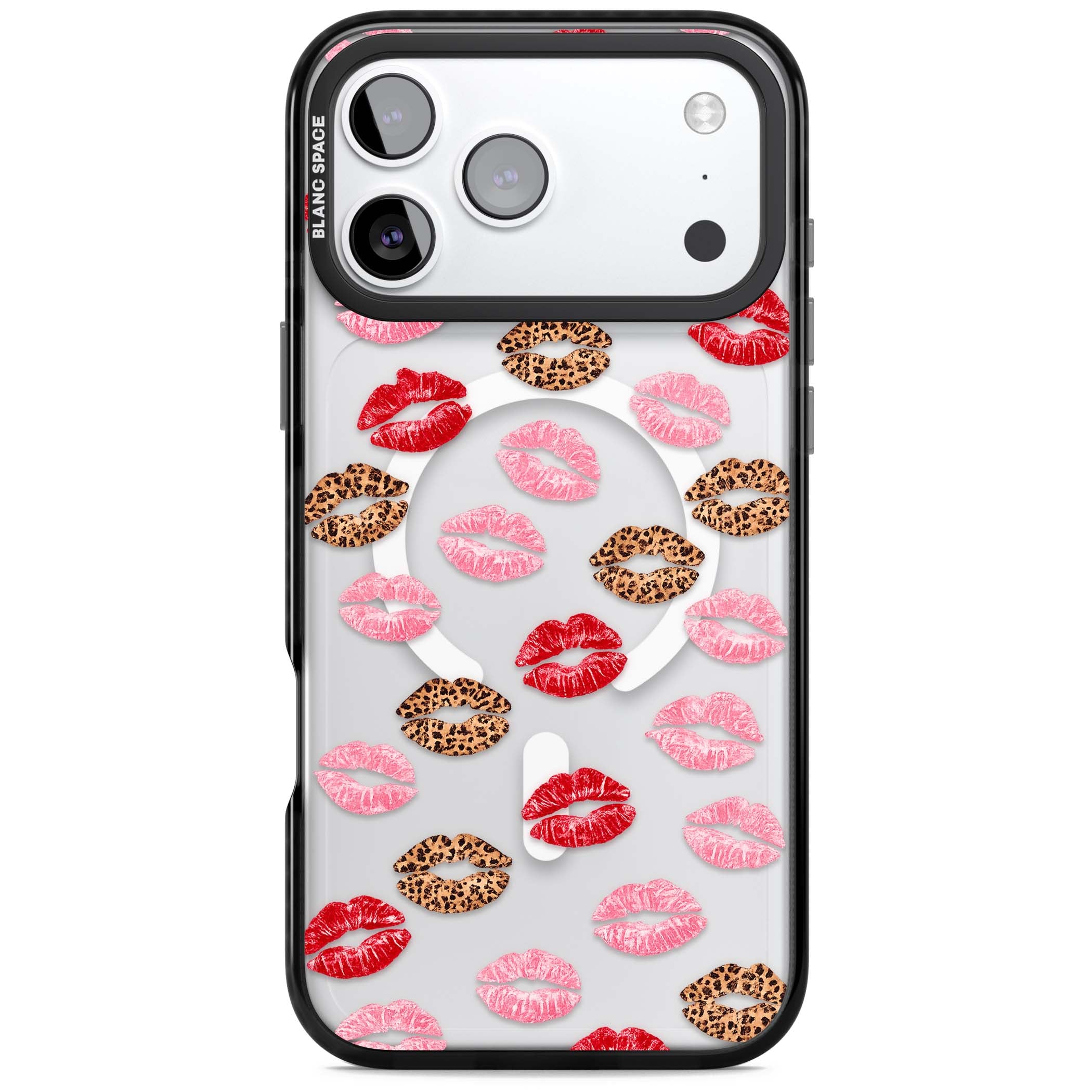 Wild Kisses coquette iPhone case featuring red, pink and leopard print lipstick kiss marks on a clear background | Black Impact Magsafe case for iPhone 17 Pro, iPhone 17 Pro Max