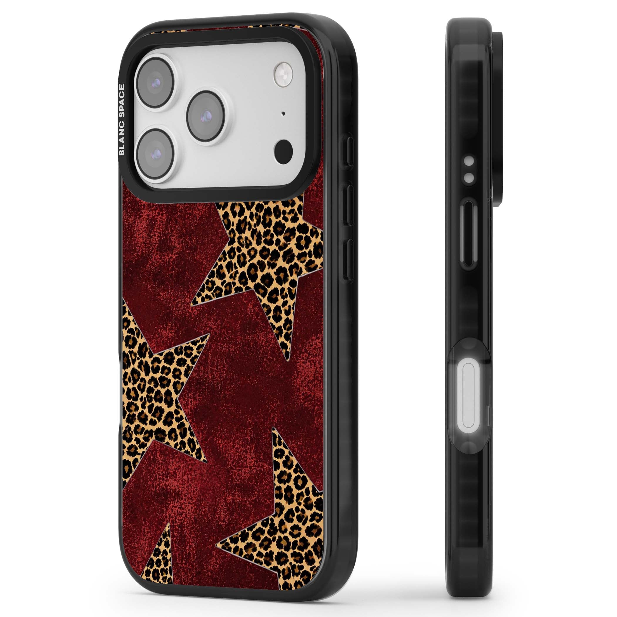 Showgirl leopard print iPhone case featuring cheetah print stars on distressed red grunge background | Black Impact Magsafe case for iPhone 17 Pro, iPhone 17 Pro Max