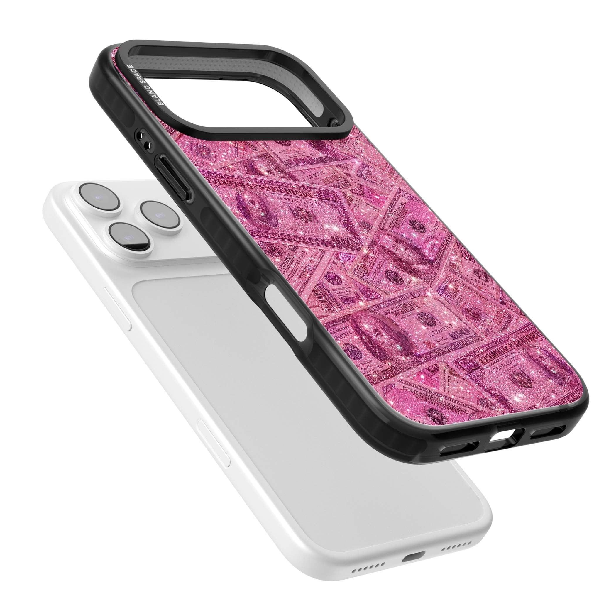 Glamorous baddie iPhone case featuring pink glitter hundred dollar bills and sparkling money wallpaper design | Black Impact Magsafe case for iPhone 17 Pro, iPhone 17 Pro Max