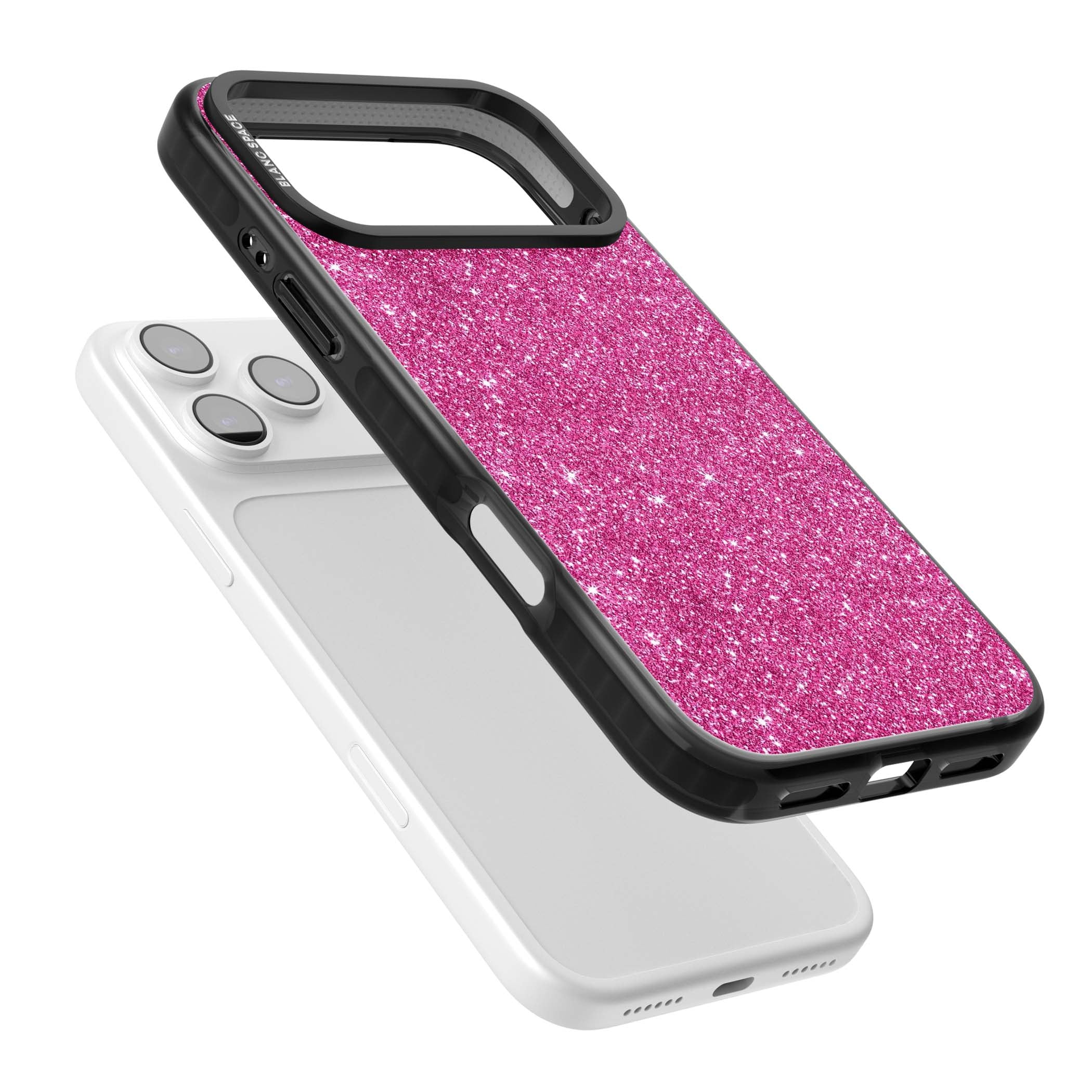 Pink Glitter Y2K iPhone case featuring hot pink glitter wallpaper with sparkle shimmer effect | Black Impact Magsafe case for iPhone 17 Pro, iPhone 17 Pro Max