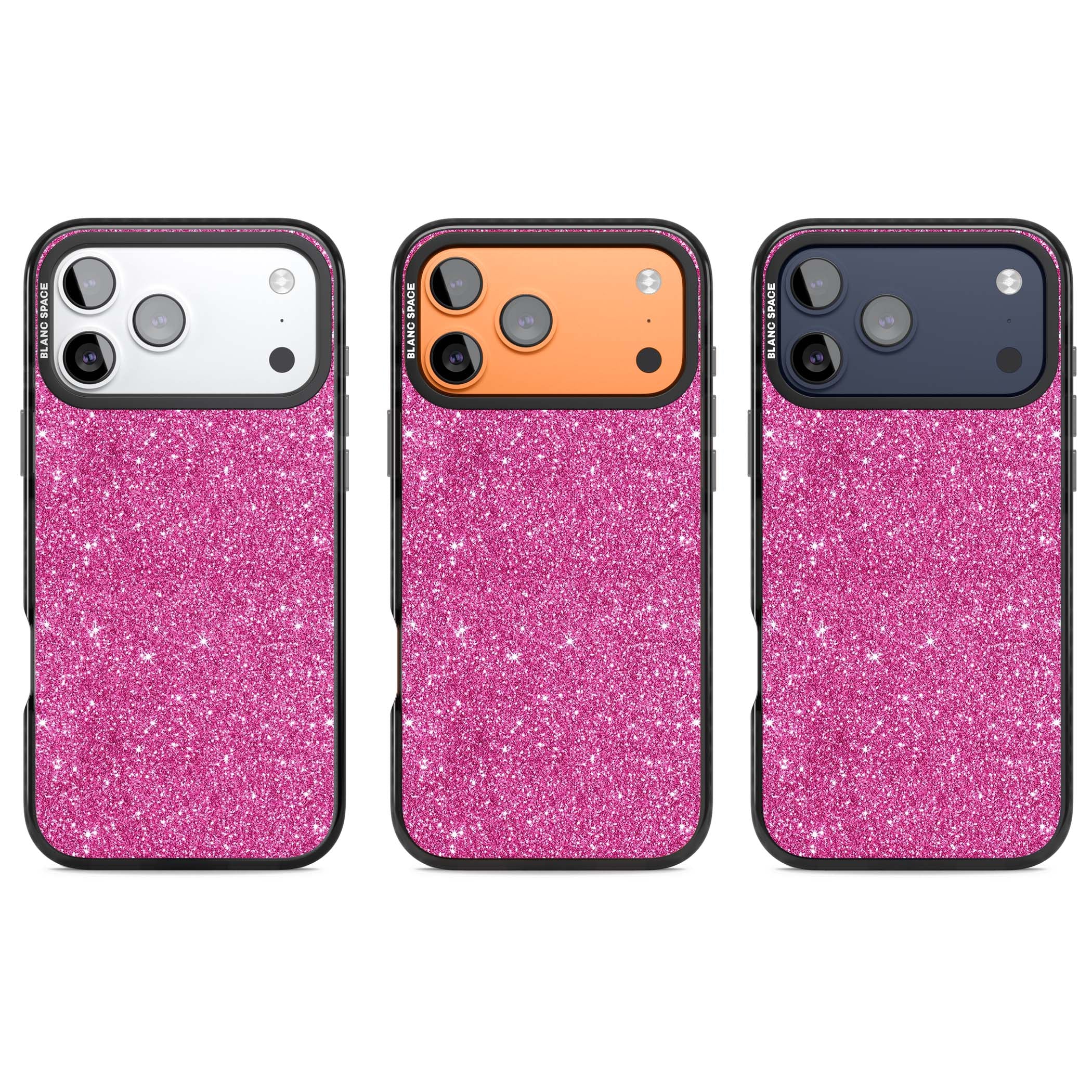Pink Glitter Y2K iPhone case featuring hot pink glitter wallpaper with sparkle shimmer effect | Black Impact Magsafe case for iPhone 17 Pro, iPhone 17 Pro Max