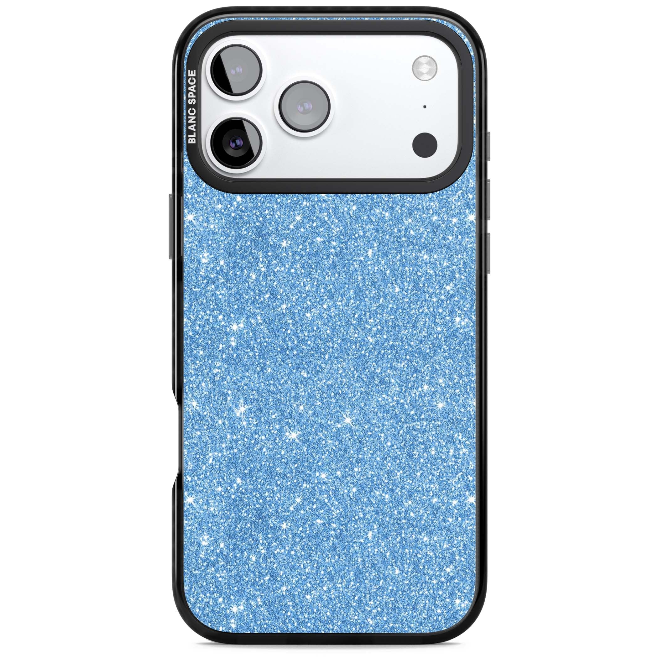 Blue Glitter blue glitter iPhone case featuring dense sparkling cerulean glitter with a glamorous shimmering finish | Black Impact Magsafe case for iPhone 17 Pro, iPhone 17 Pro Max