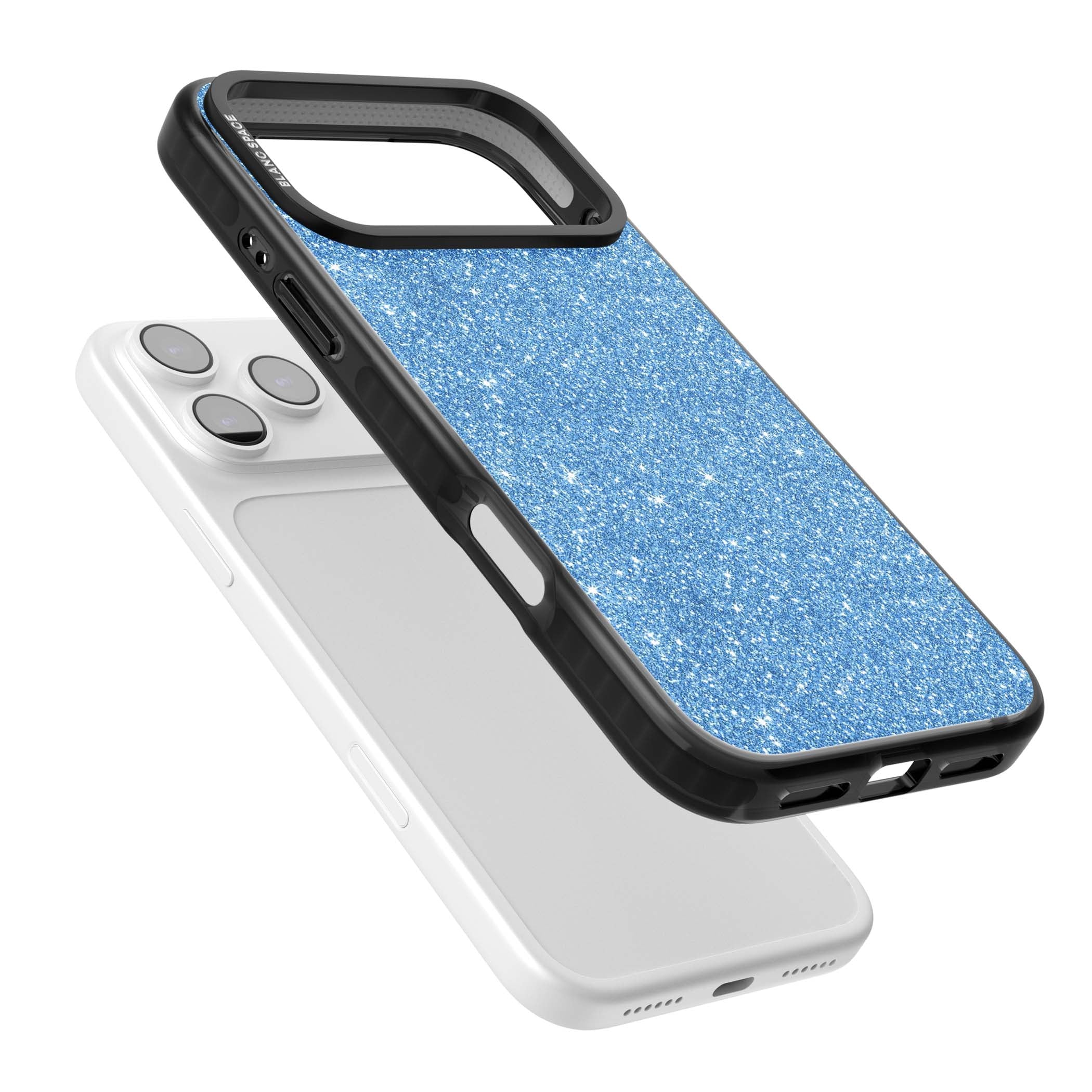 Blue Glitter blue glitter iPhone case featuring dense sparkling cerulean glitter with a glamorous shimmering finish | Black Impact Magsafe case for iPhone 17 Pro, iPhone 17 Pro Max
