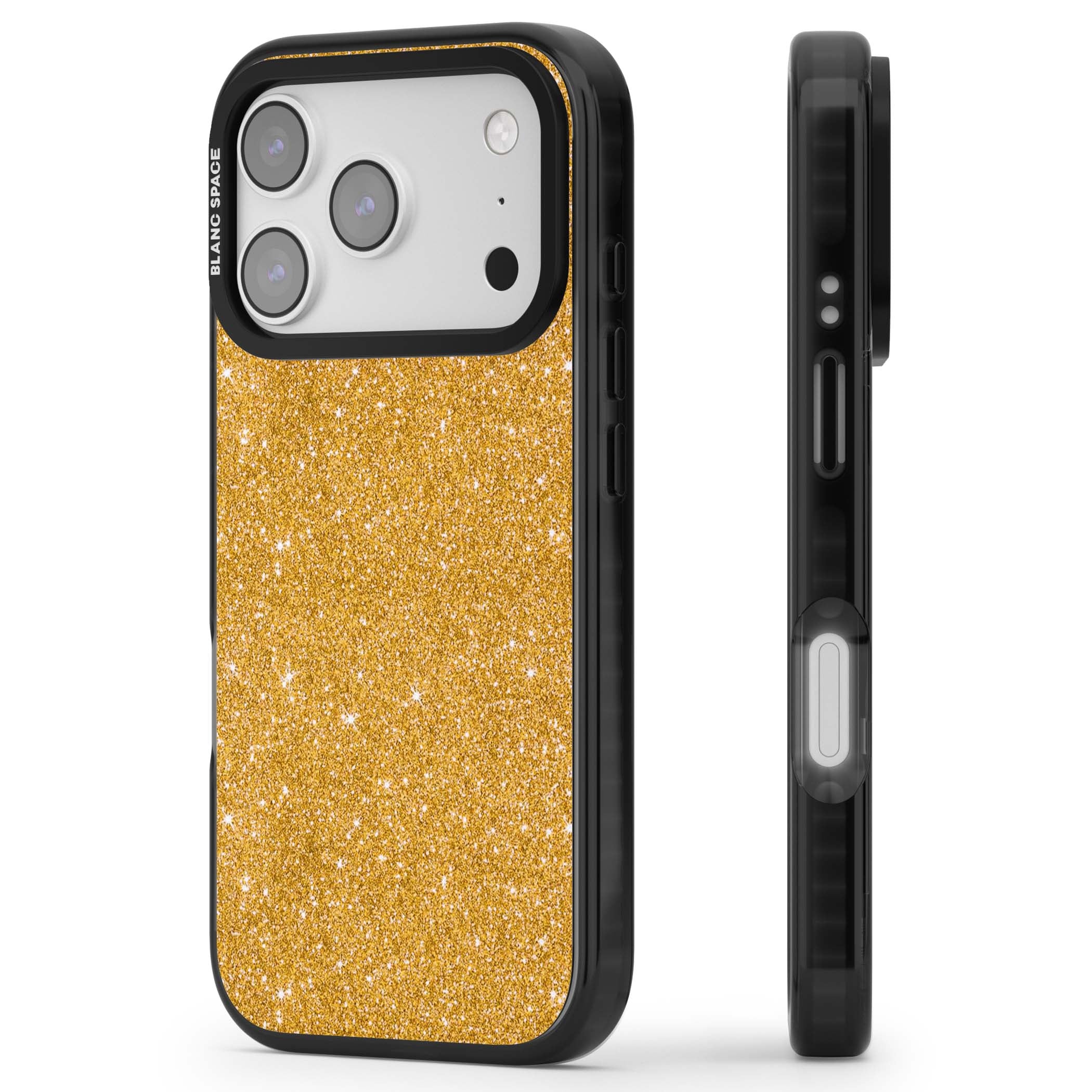 Gold Glitter gold glitter iPhone case featuring a shimmering sparkle wallpaper design in luxury gold | Black Impact Magsafe case for iPhone 17 Pro, iPhone 17 Pro Max