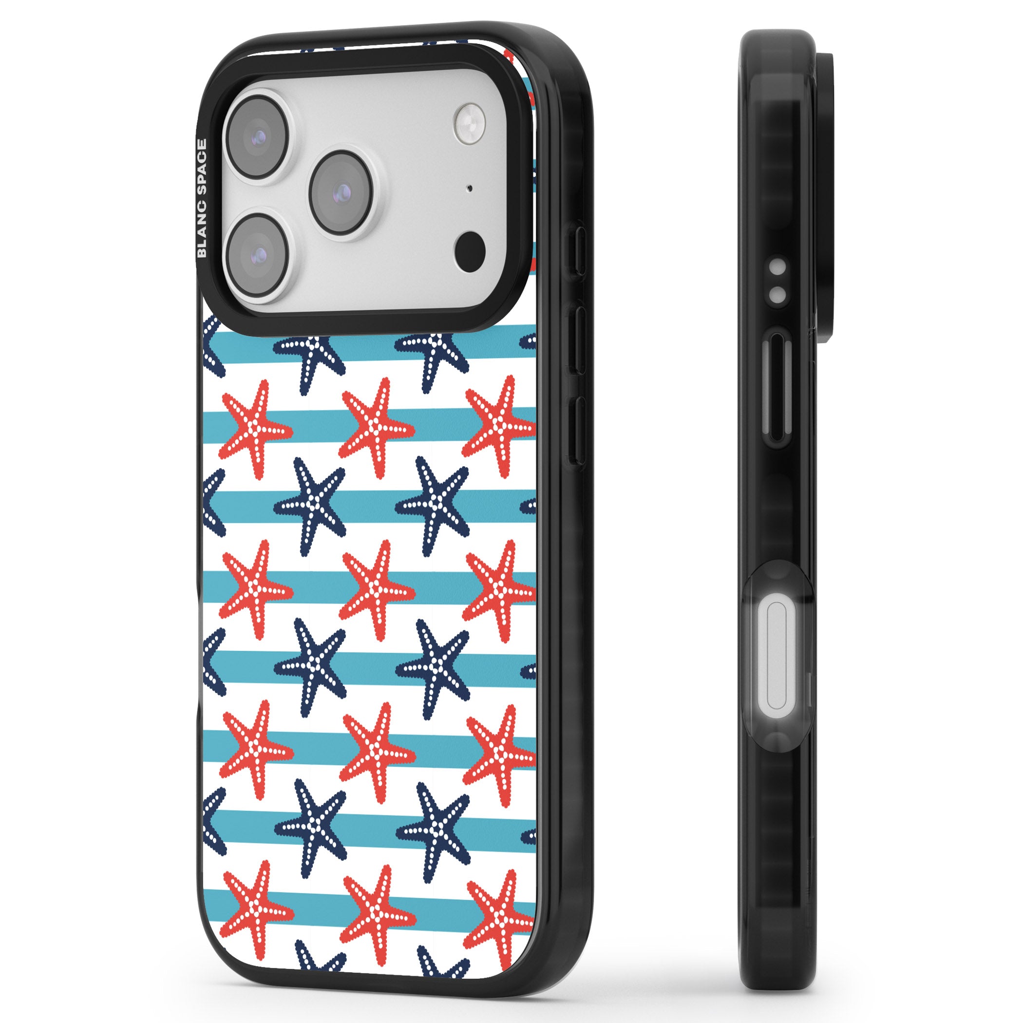 Nautical Starfish Stripe iPhone 17 Pro Impact Pro Black Phone Case Side Profile