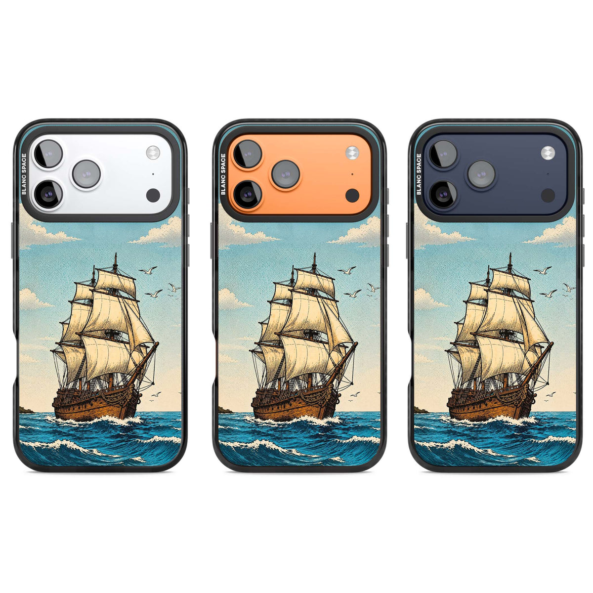 Ship at Sea nautical iPhone case featuring a vintage tall ship, ocean waves and seagulls | Black Impact Magsafe case for iPhone 17 Pro, iPhone 17 Pro Max