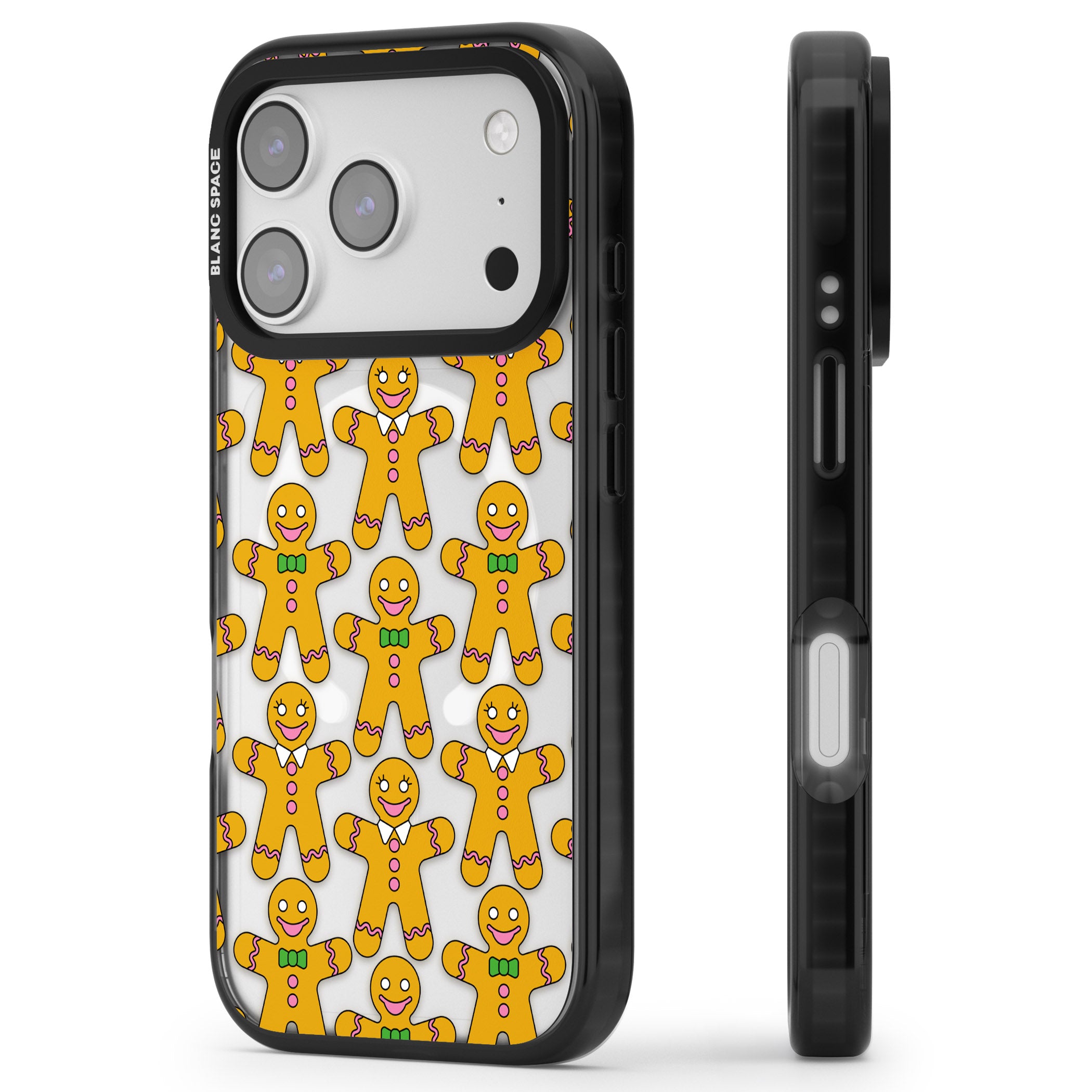 Gingerbread Cookie Pattern iPhone 17 Pro Impact Pro Black Phone Case Side Profile