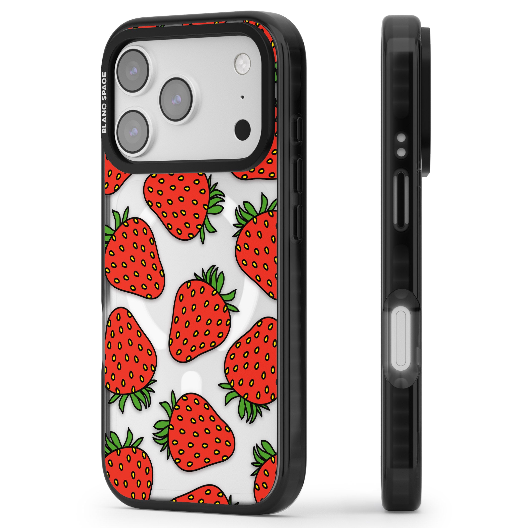 Strawberry Pattern iPhone 17 Pro Max Impact Pro Black Phone Case Side Profile