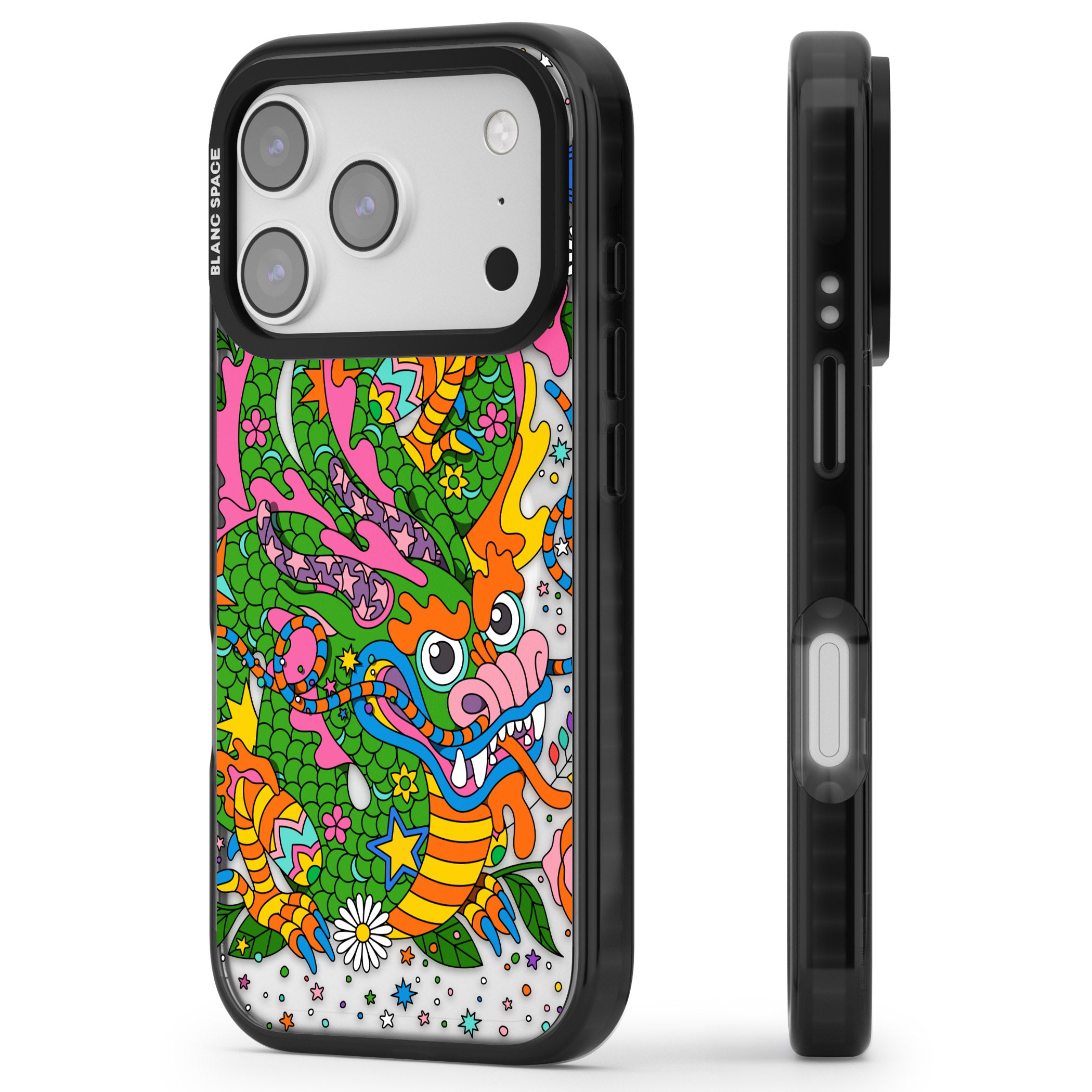 Psychedelic Jungle Dragon iPhone 17 Pro Max Impact Pro Black Phone Case Side Profile
