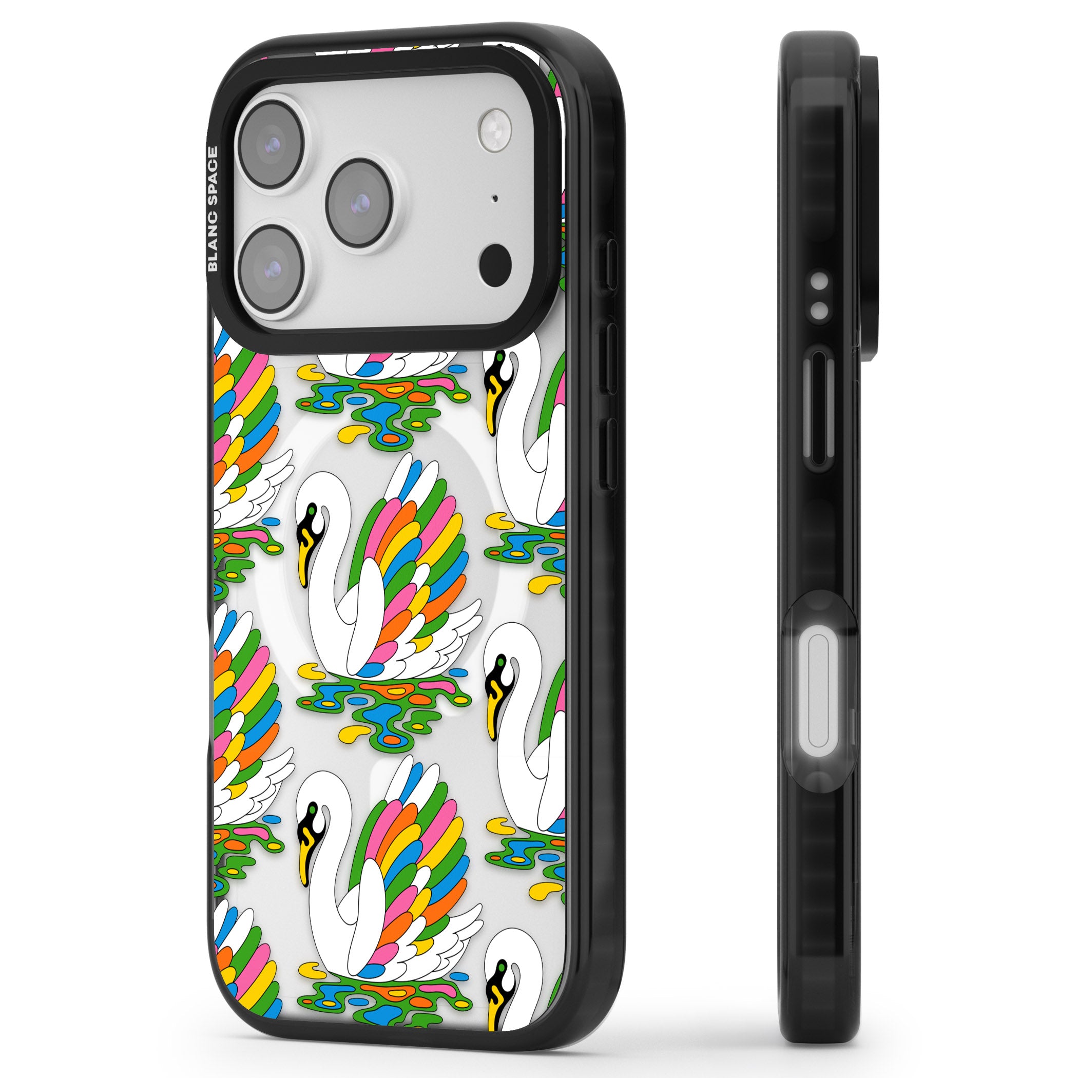Colourful Swan Pattern iPhone 17 Pro Impact Pro Black Phone Case Side Profile