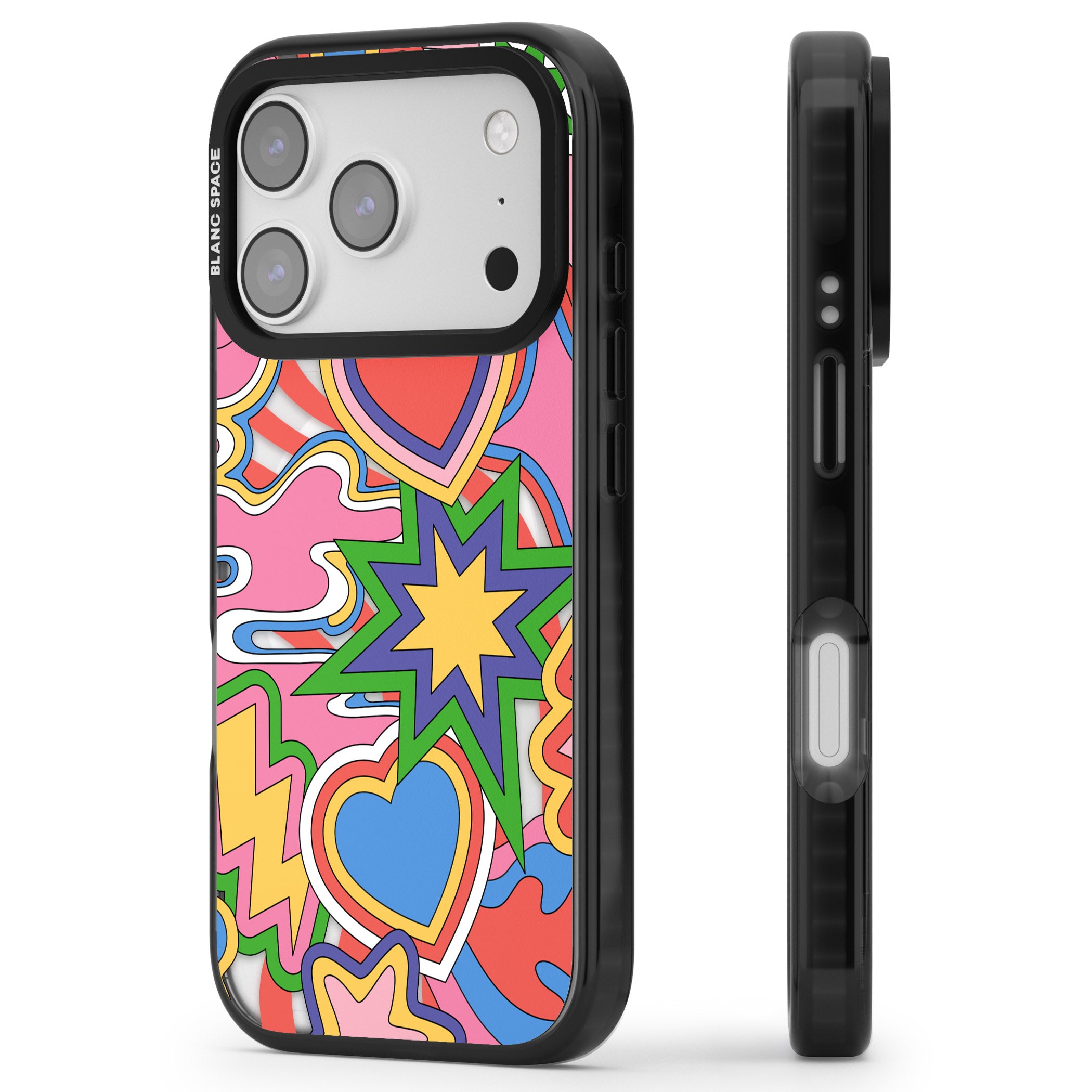 Psychedelic Pop Art Explosion iPhone 17 Pro Impact Pro Black Phone Case Side Profile