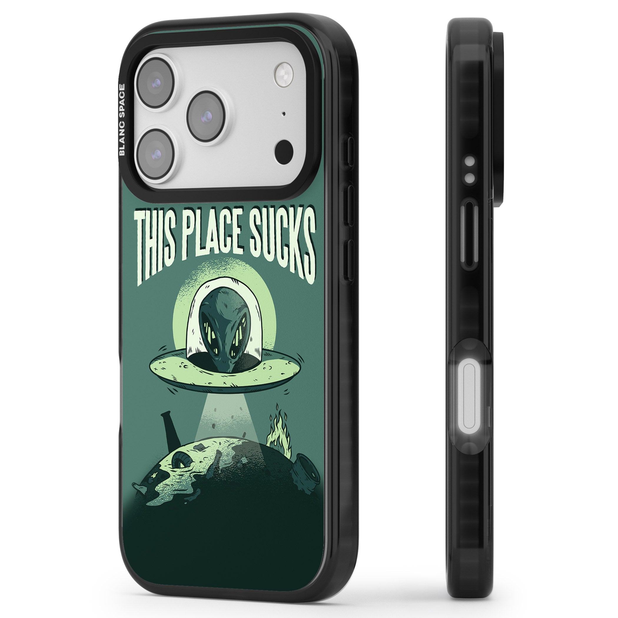 Earth Sucks iPhone 17 Pro Impact Pro Black Phone Case Side Profile
