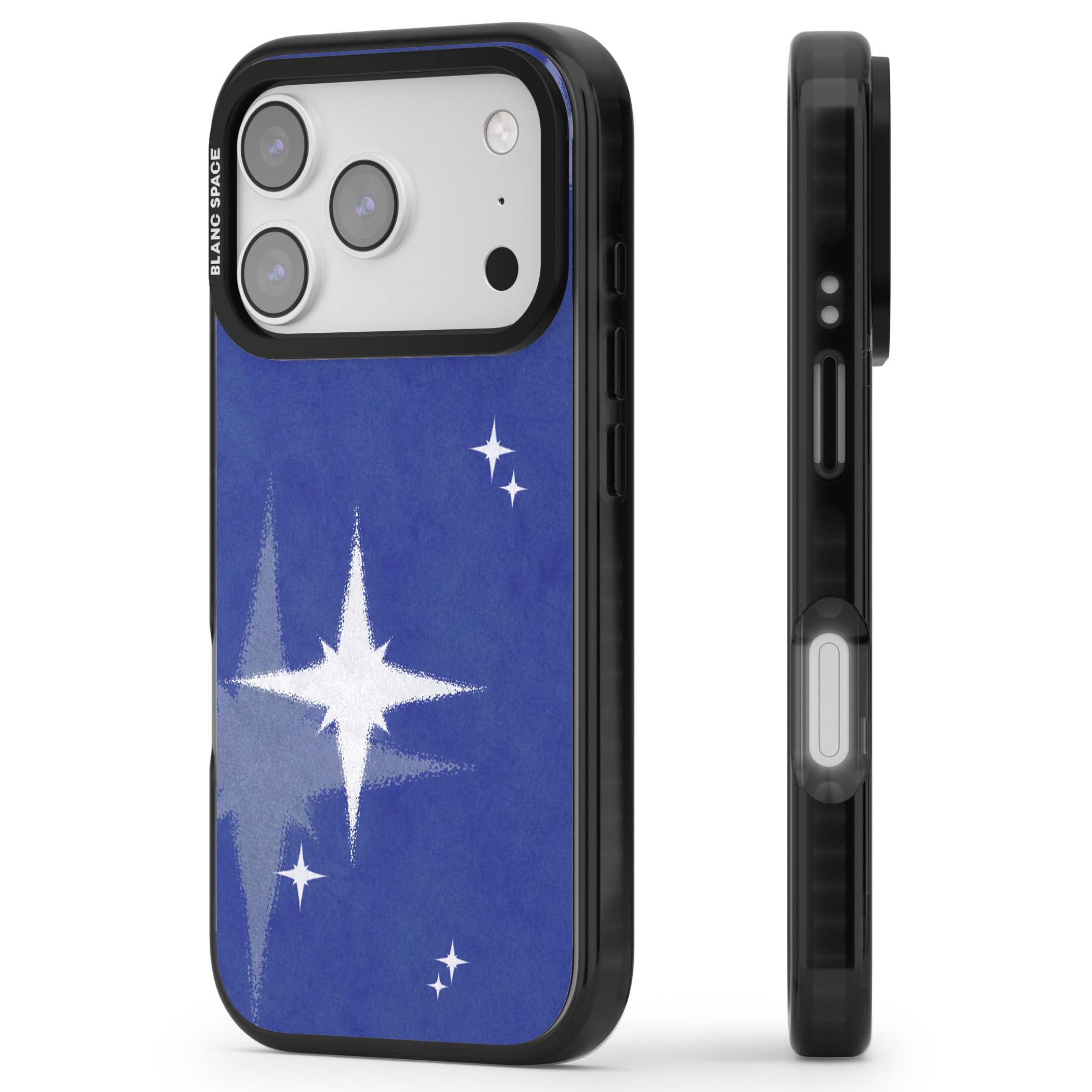 Blue Sparkle celestial iPhone case featuring sparkling silver stars on a deep blue painterly night sky | Black Impact Magsafe case for iPhone 17 Pro, iPhone 17 Pro Max
