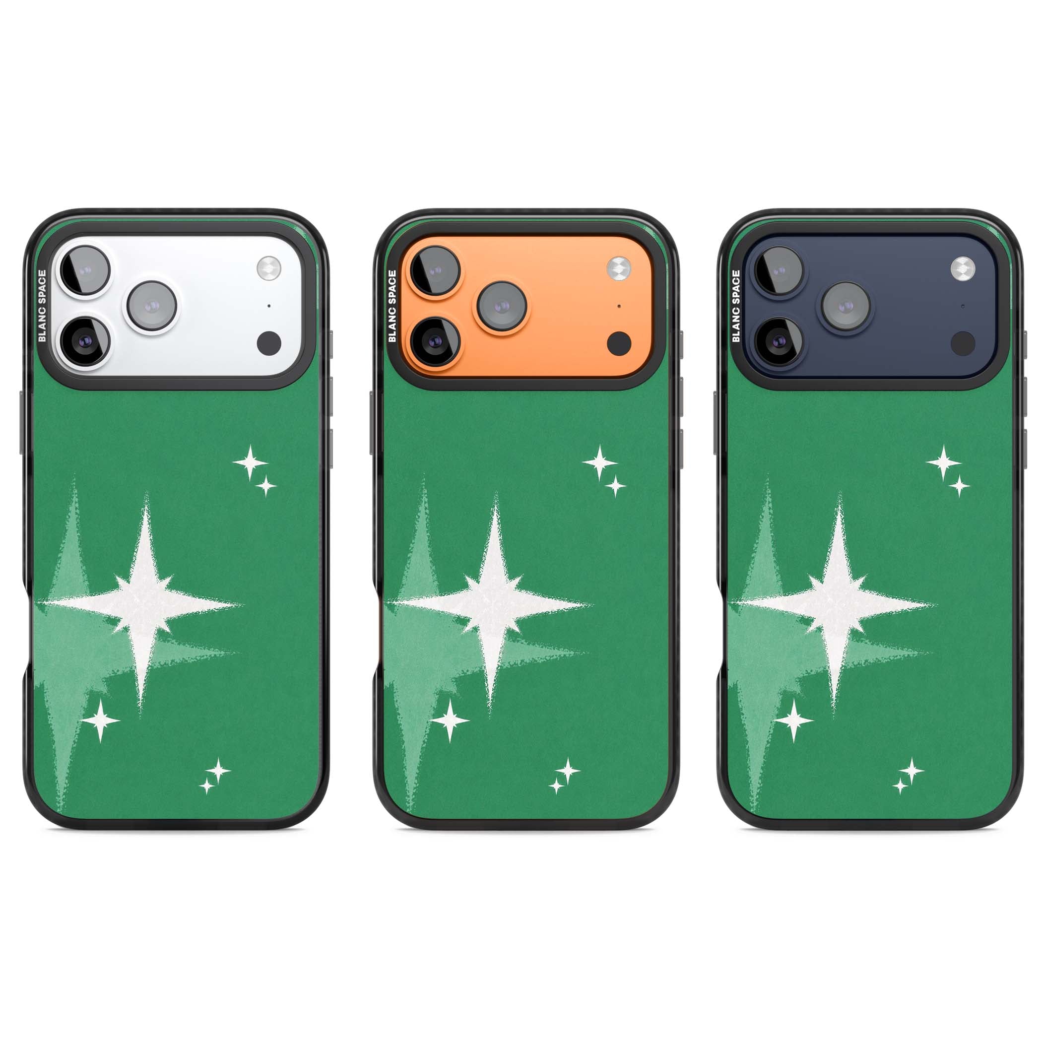 Green Sparkle celestial iPhone case featuring sparkling white four-point stars on a deep green background | Black Impact Magsafe case for iPhone 17 Pro, iPhone 17 Pro Max