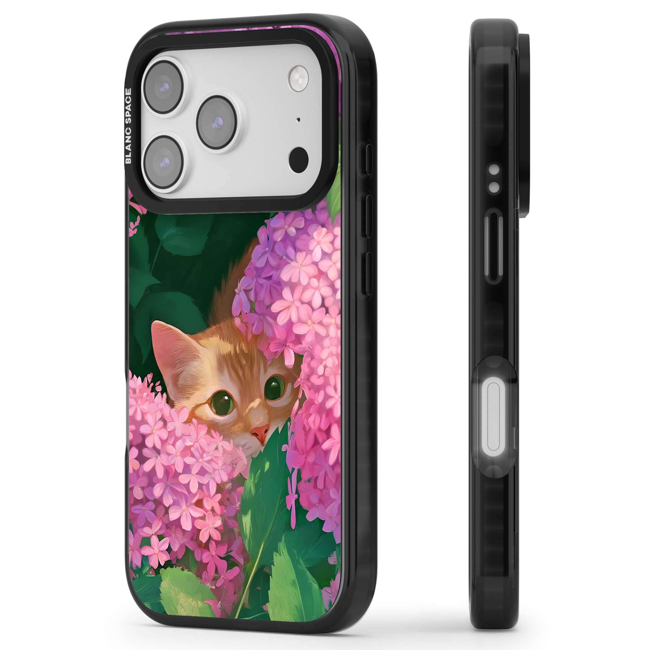 Cat In Pink Flowers cottagecore iPhone case featuring a ginger kitten peeking through lilac and pink hydrangea flo | Black Impact Magsafe case for iPhone 17 Pro, iPhone 17 Pro Max