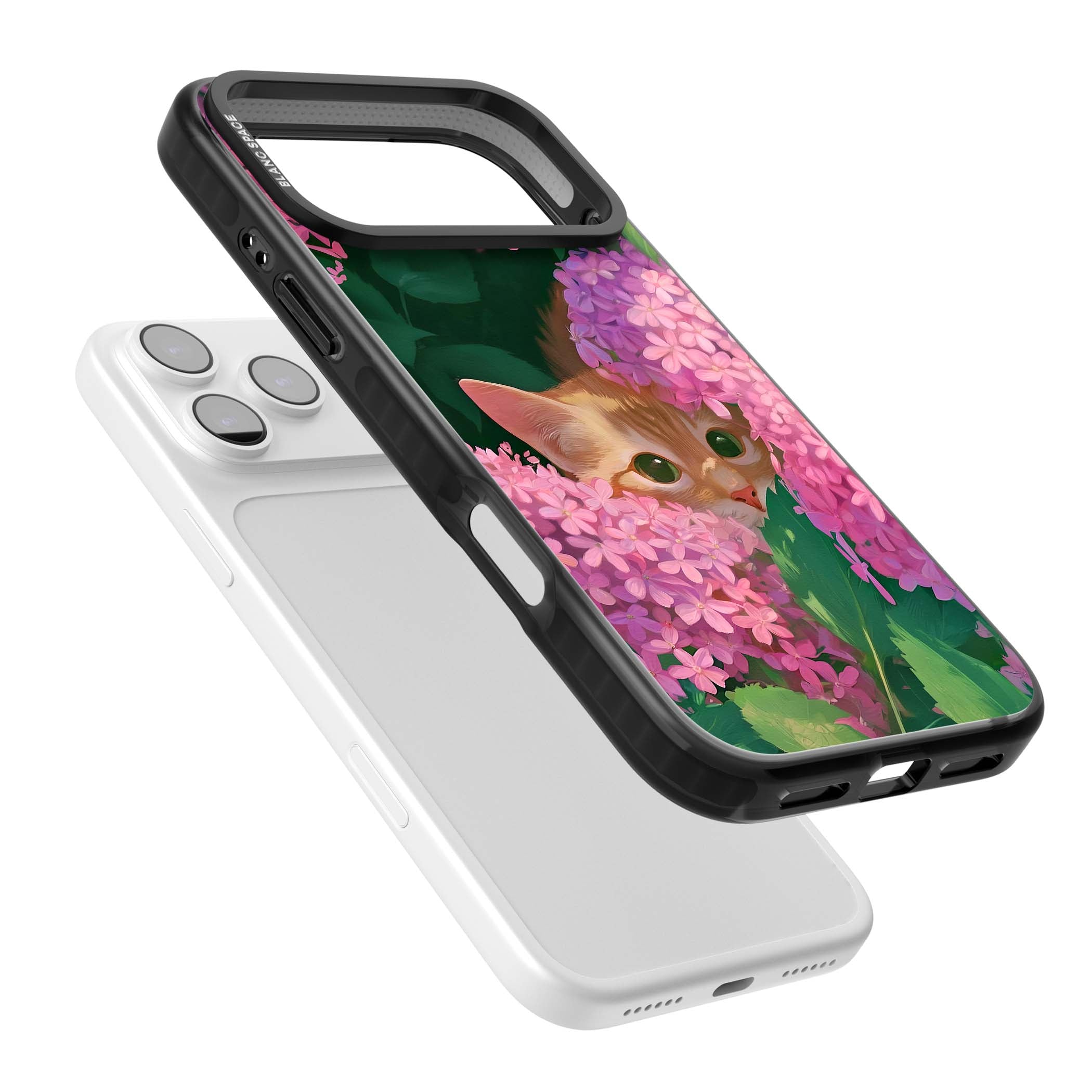Cat In Pink Flowers cottagecore iPhone case featuring a ginger kitten peeking through lilac and pink hydrangea flo | Black Impact Magsafe case for iPhone 17 Pro, iPhone 17 Pro Max