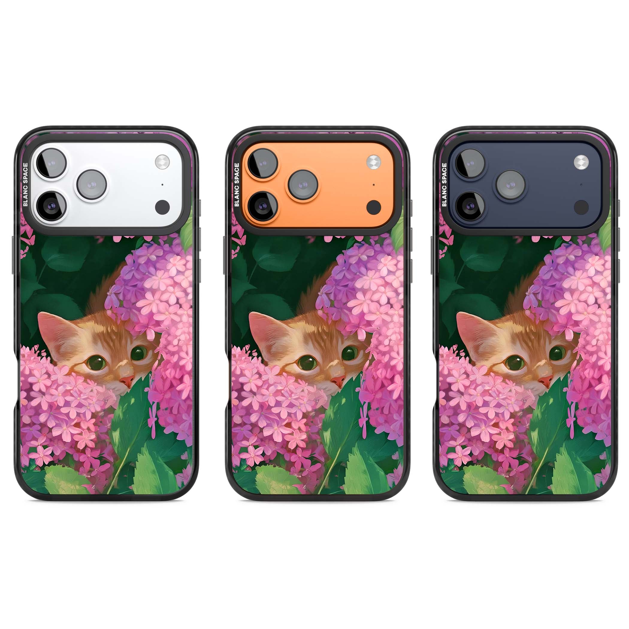 Cat In Pink Flowers cottagecore iPhone case featuring a ginger kitten peeking through lilac and pink hydrangea flo | Black Impact Magsafe case for iPhone 17 Pro, iPhone 17 Pro Max