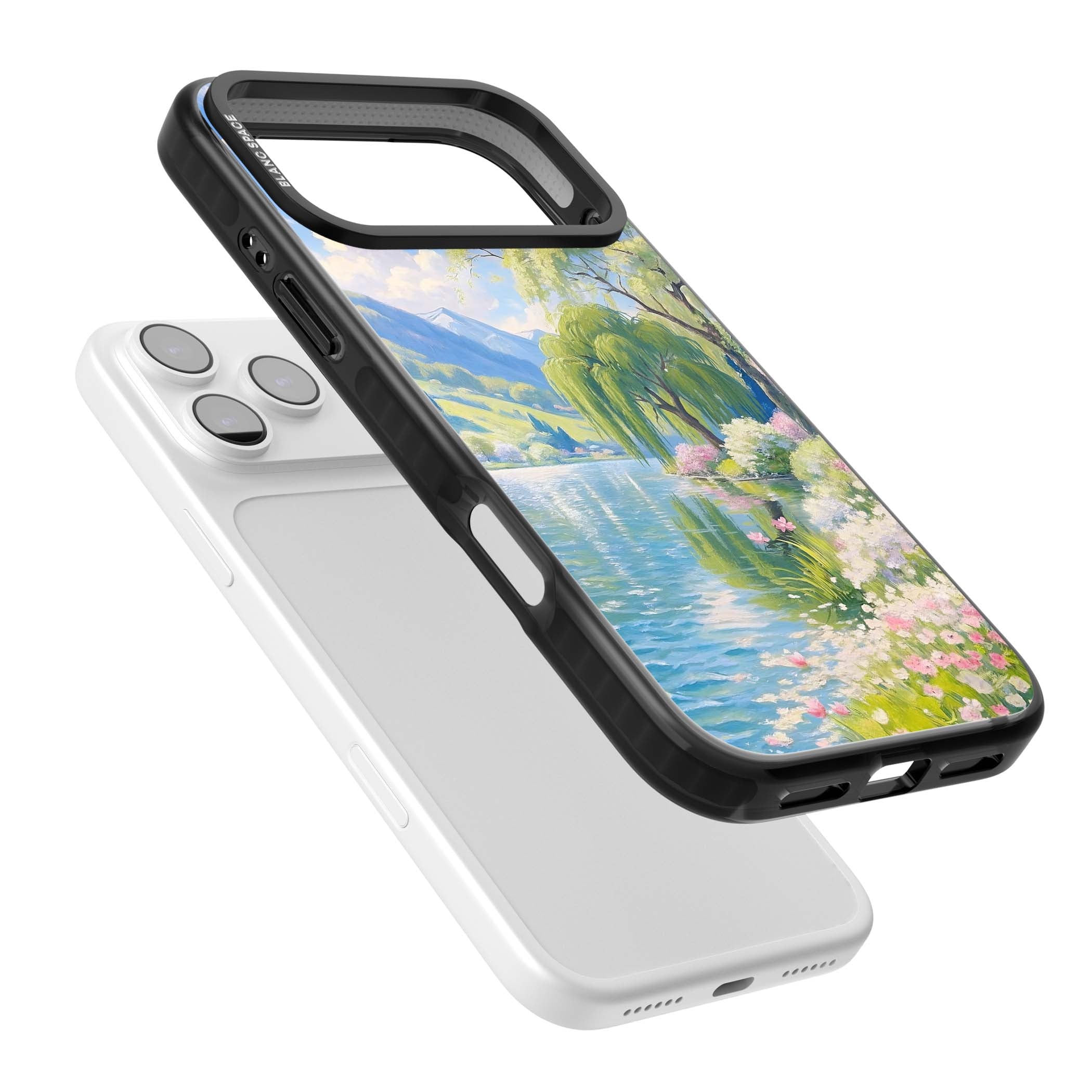 Willow Lake cottagecore iPhone case featuring a painted lakeside with weeping willow, blossoms and distant mountains | Black Impact Magsafe case for iPhone 17 Pro, iPhone 17 Pro Max